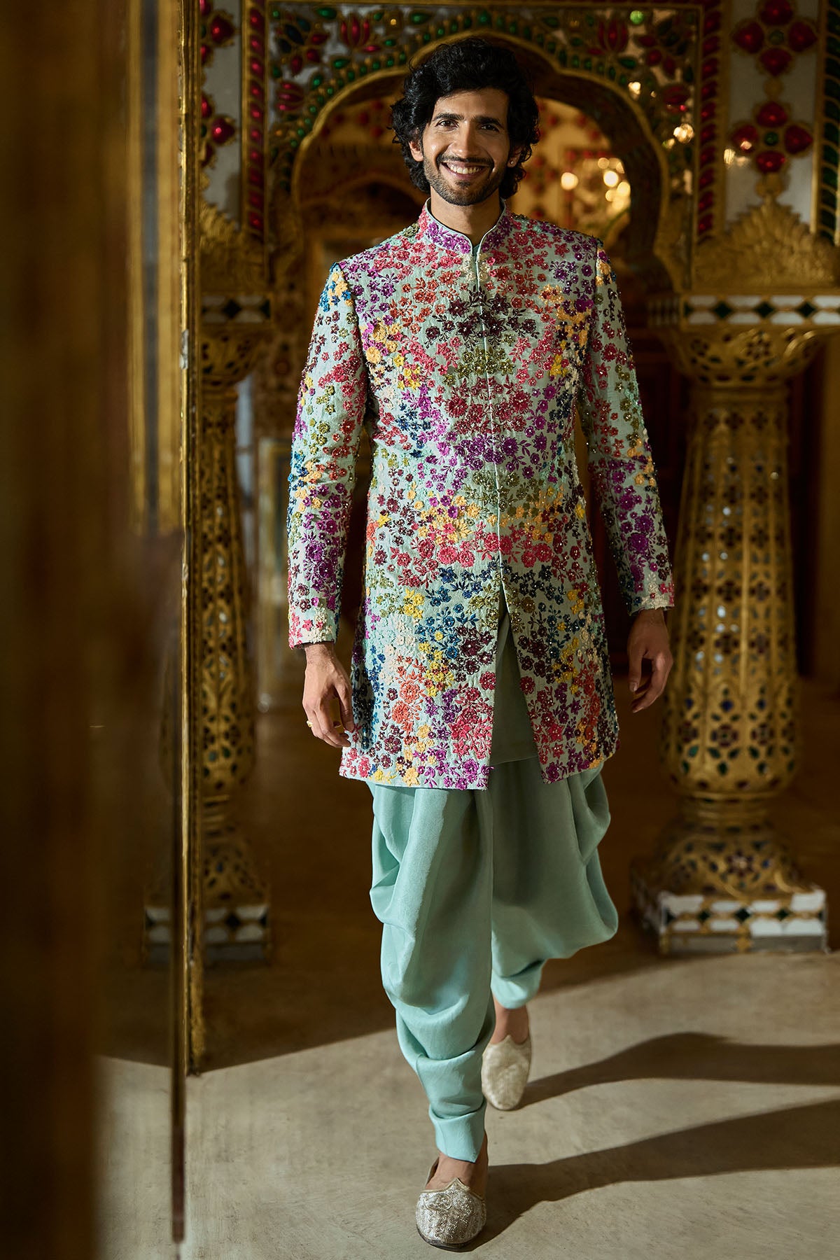 Sage Green Multi- Coloured Three-Dimenisonal Sherwani Set