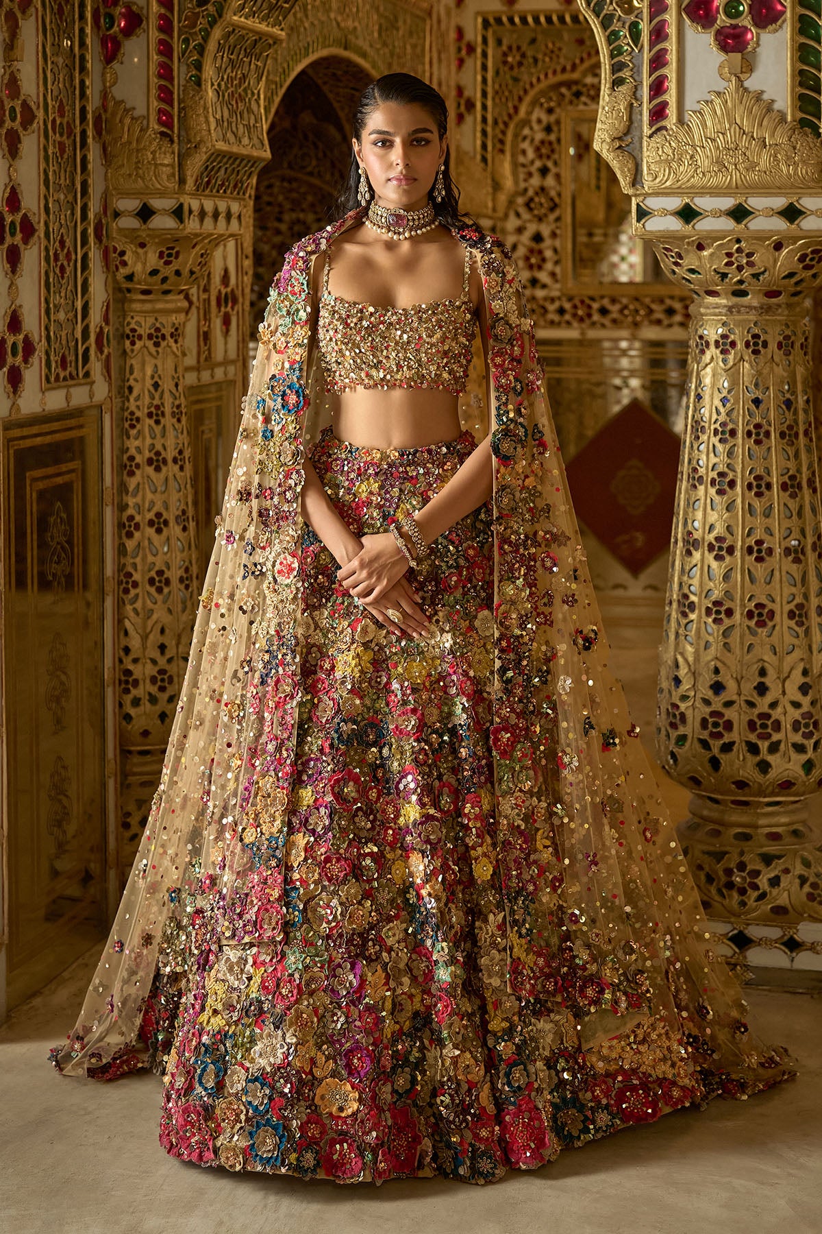 Multi-Coloured Three-Dimensional Floral Lehenga Set