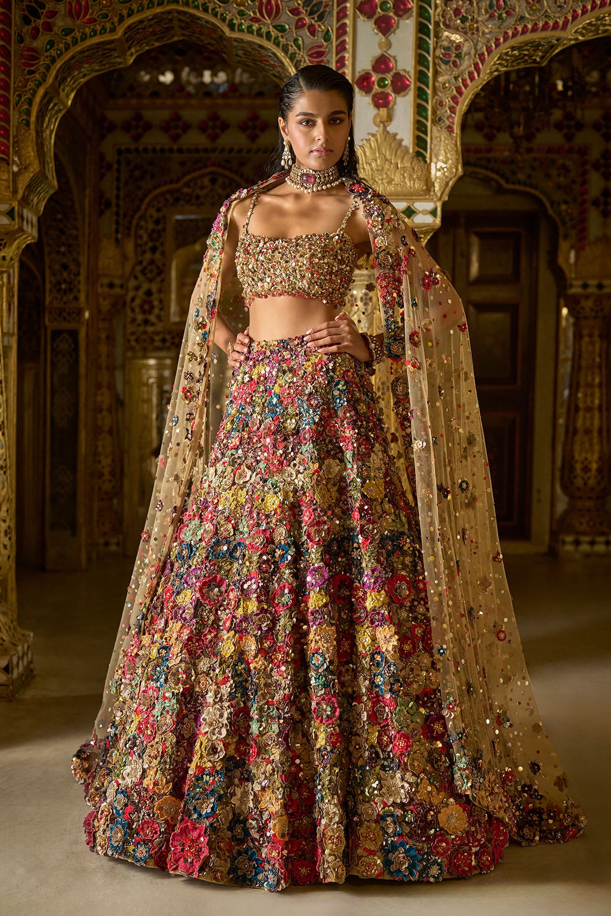 Multi-Coloured Three-Dimensional Floral Lehenga Set