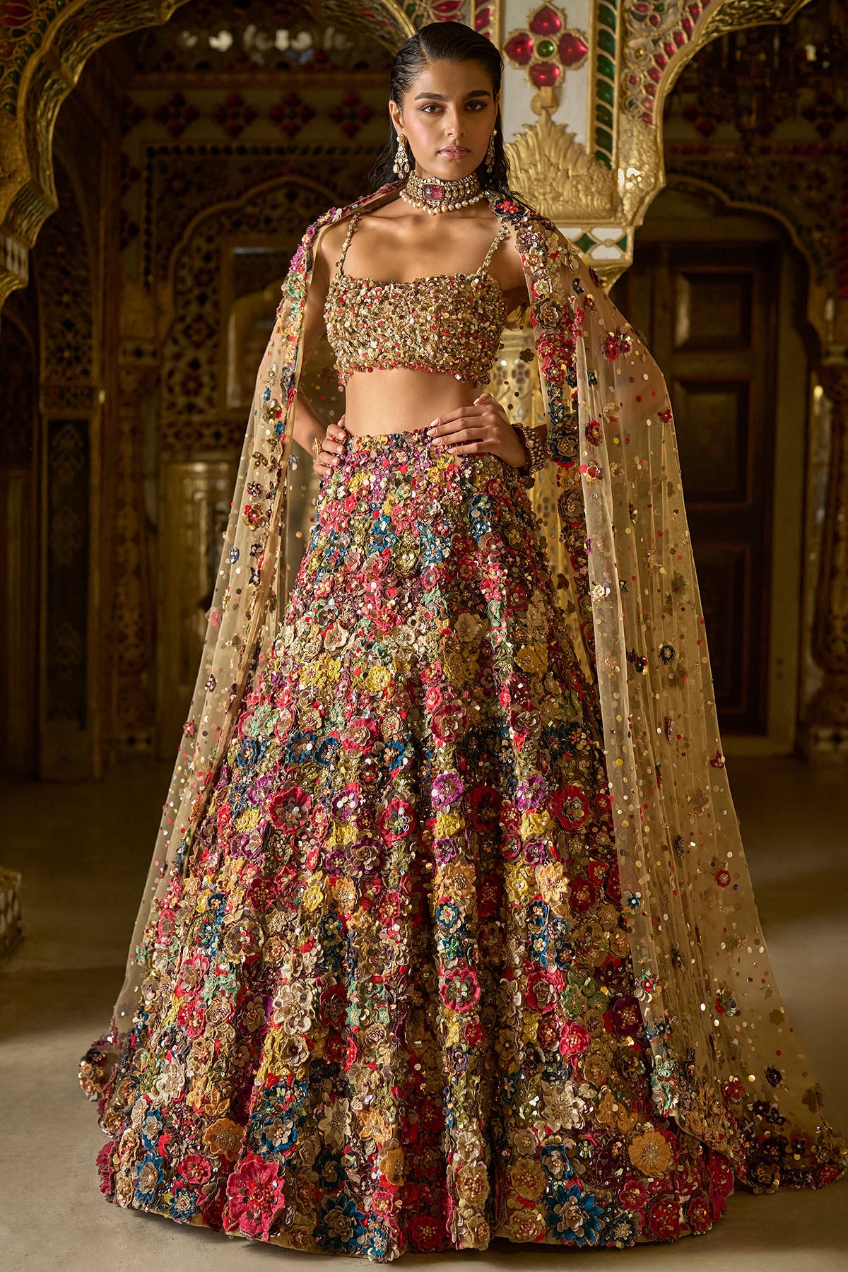 Multi-Coloured Three-Dimensional Floral Lehenga Set