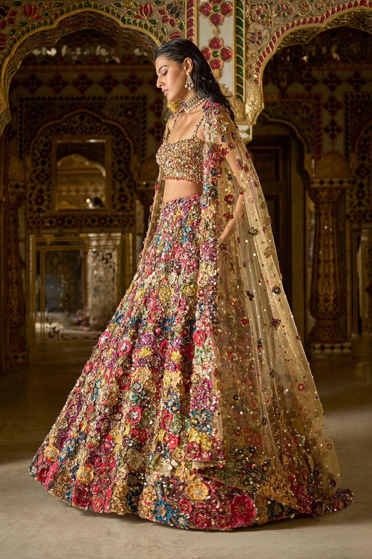 Multi-Coloured Three-Dimensional Floral Lehenga Set