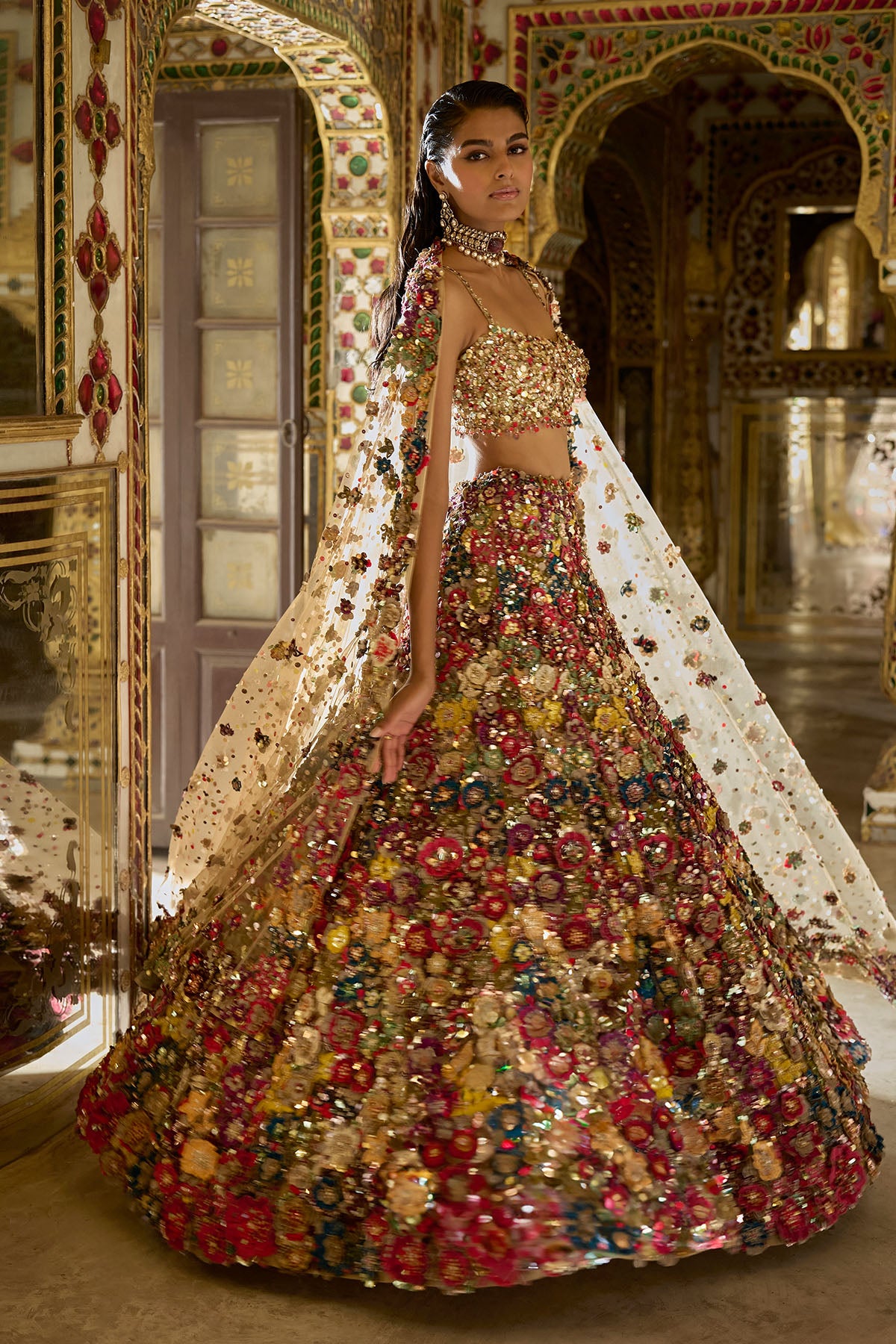 Multi-Coloured Three-Dimensional Floral Lehenga Set