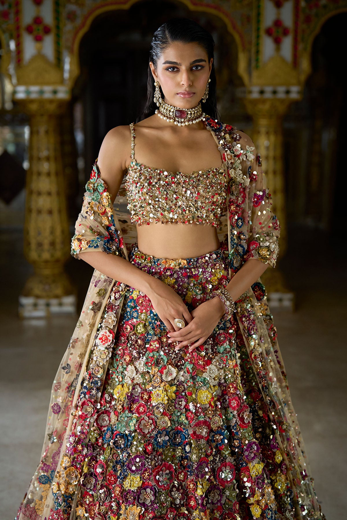 Multi-Coloured Three-Dimensional Floral Lehenga Set