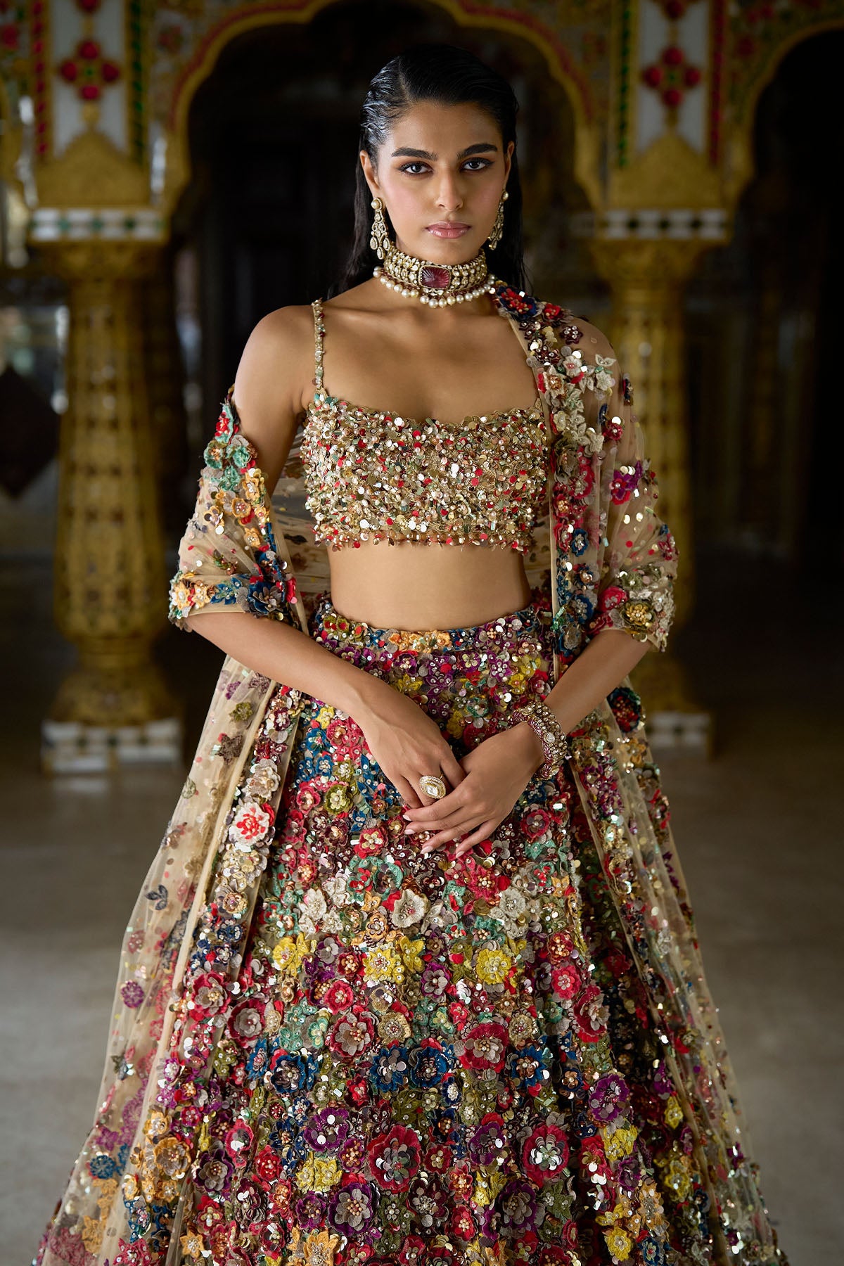 Multi-Coloured Three-Dimensional Floral Lehenga Set