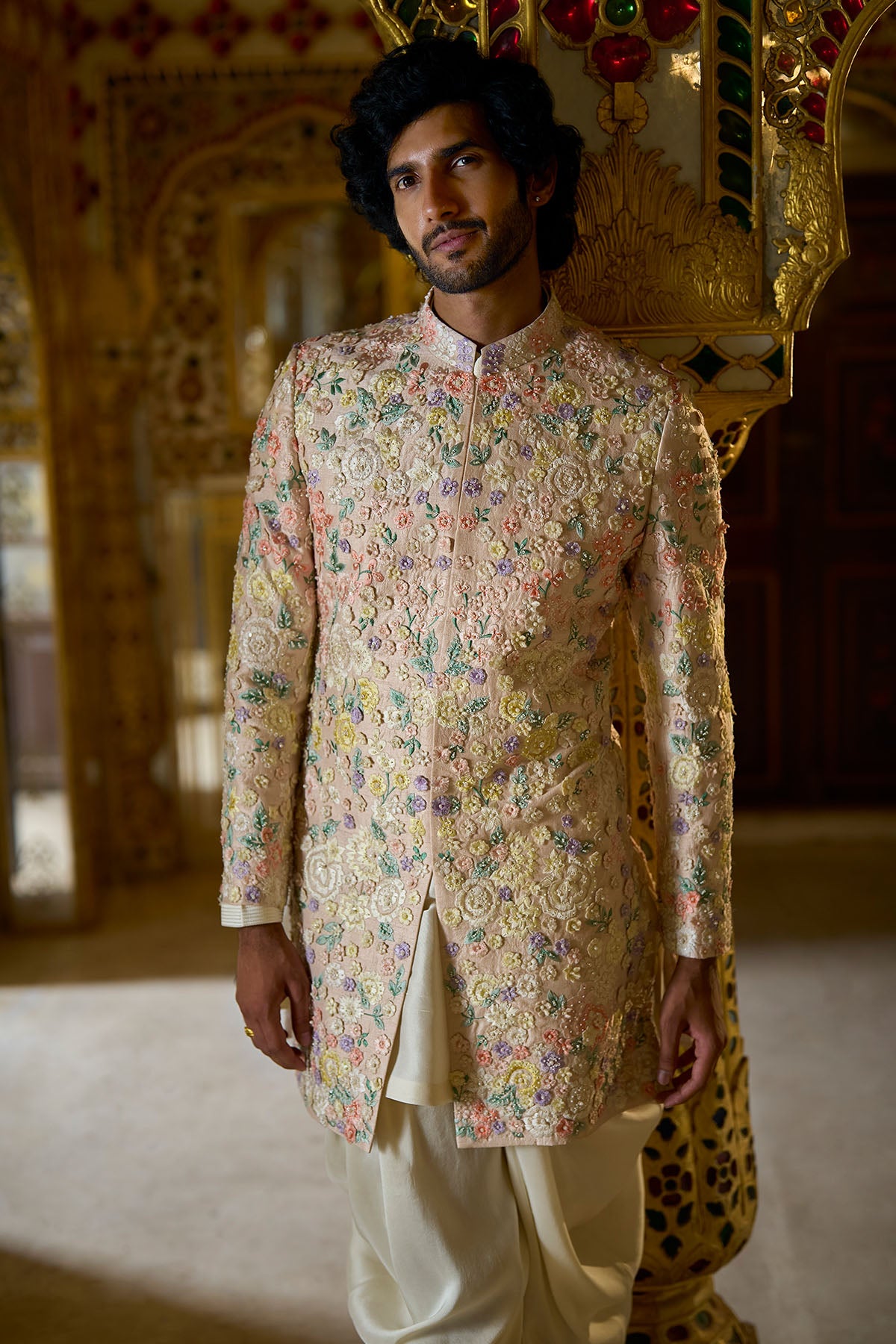 Cream Multi-Colored Three- Dimensional Sherwani Set