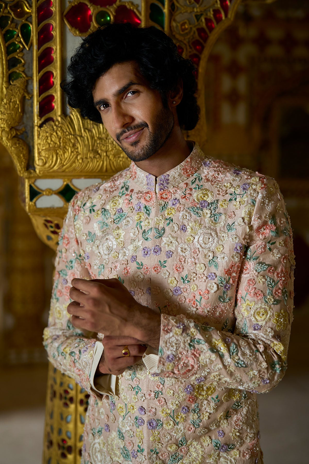 Cream Multi-Colored Three- Dimensional Sherwani Set