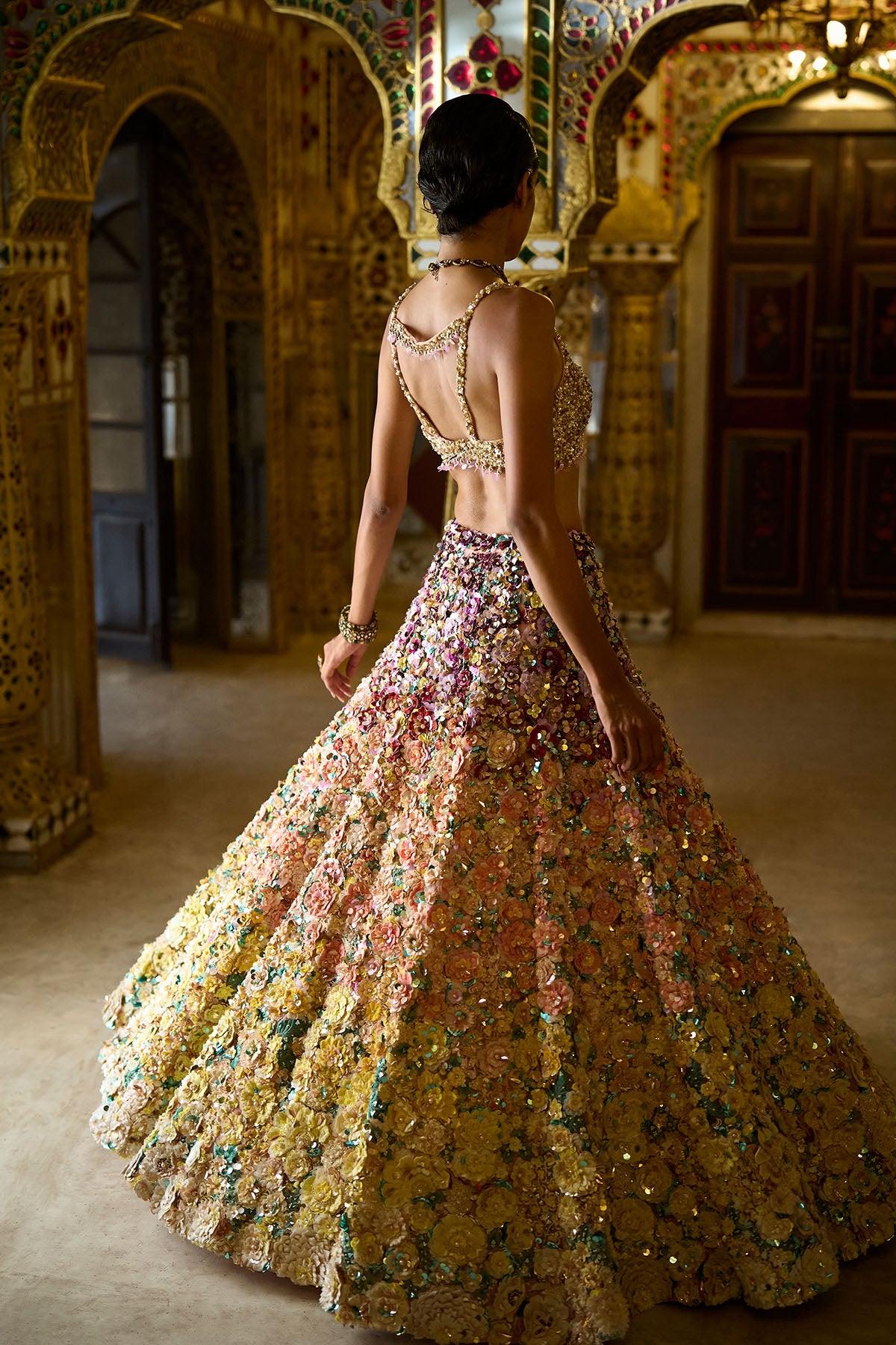 Ombre Multi-Coloured Three-Dimensional Floral Lehenga Set