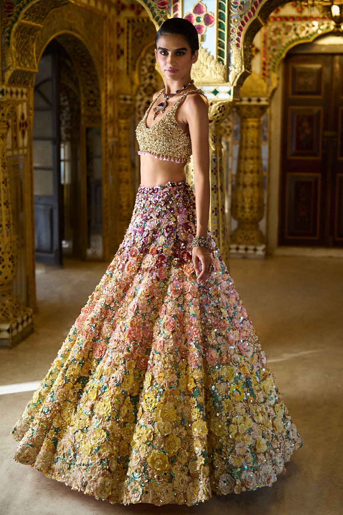 Ombre Multi-Coloured Three-Dimensional Floral Lehenga Set