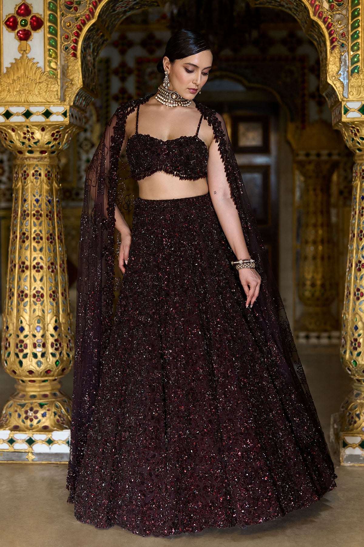 Wine Sequin Lehenga Set