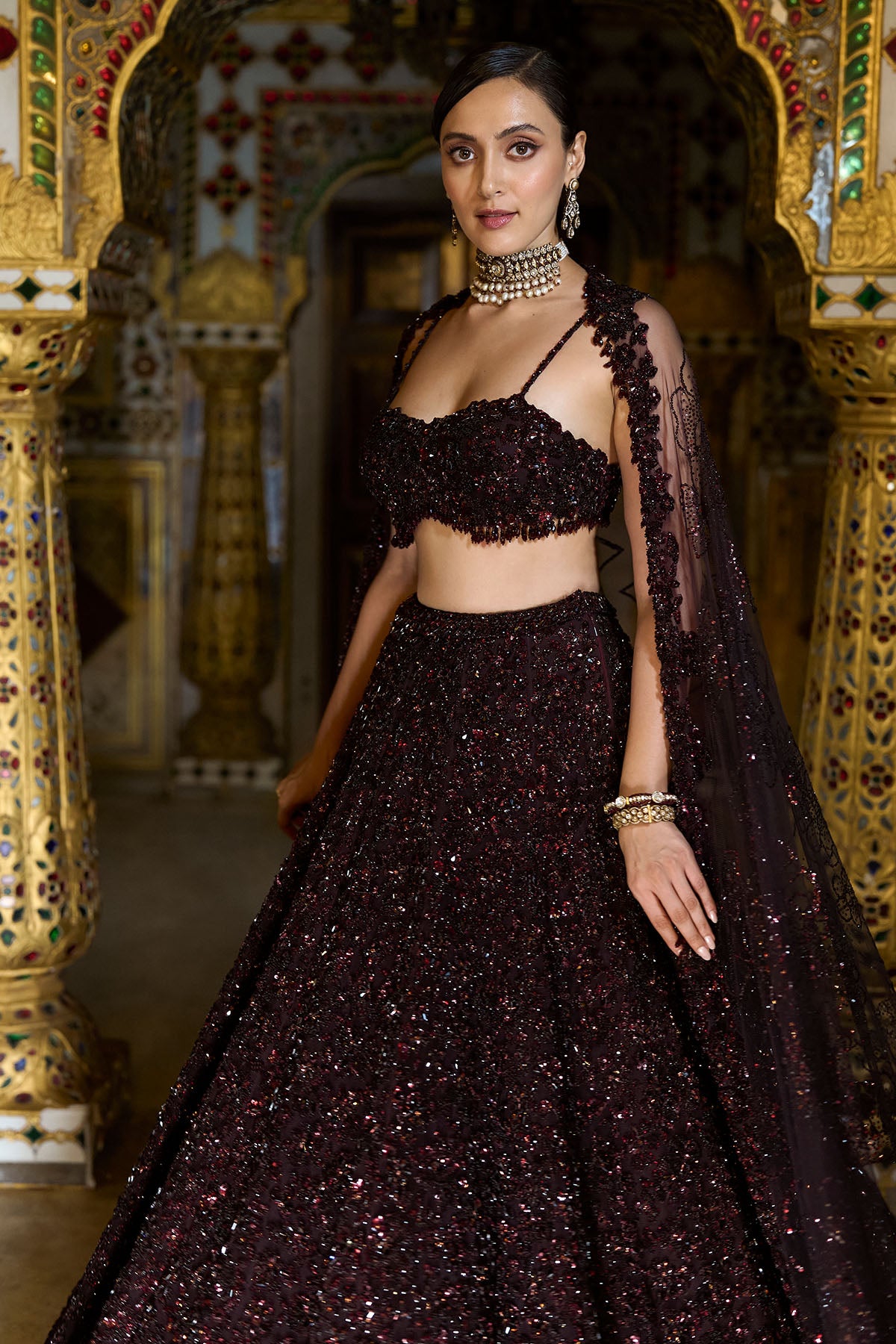 Wine Sequin Lehenga Set