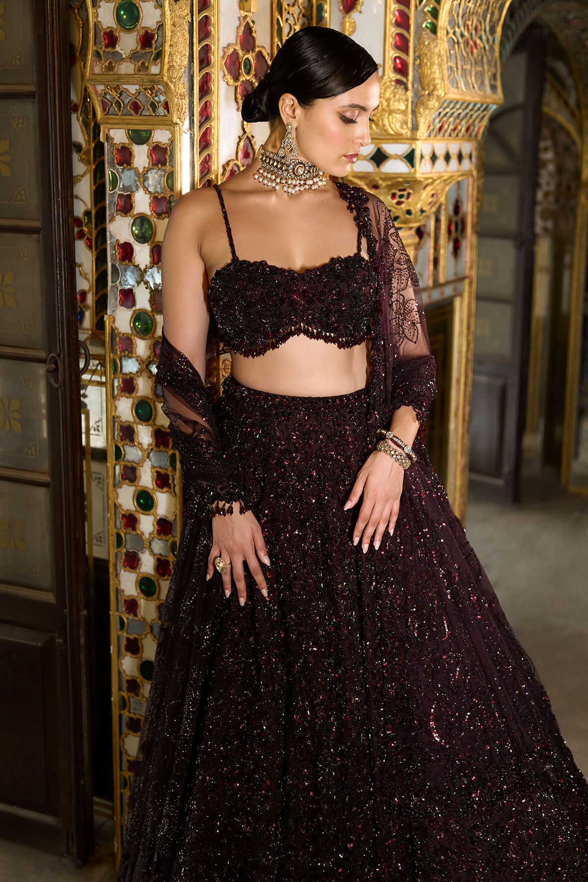 Wine Sequin Lehenga Set