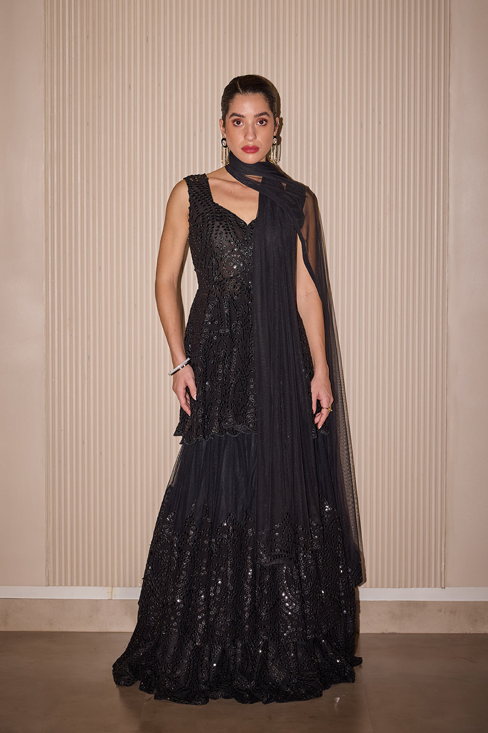 Black Mirror Applique Layered lehenga Set