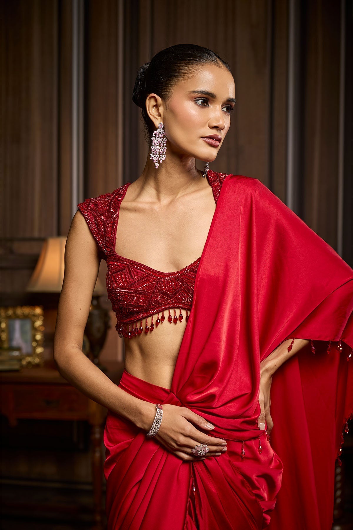 Red Embellished Blouse And Pre-Draped Dhoti Saree Set