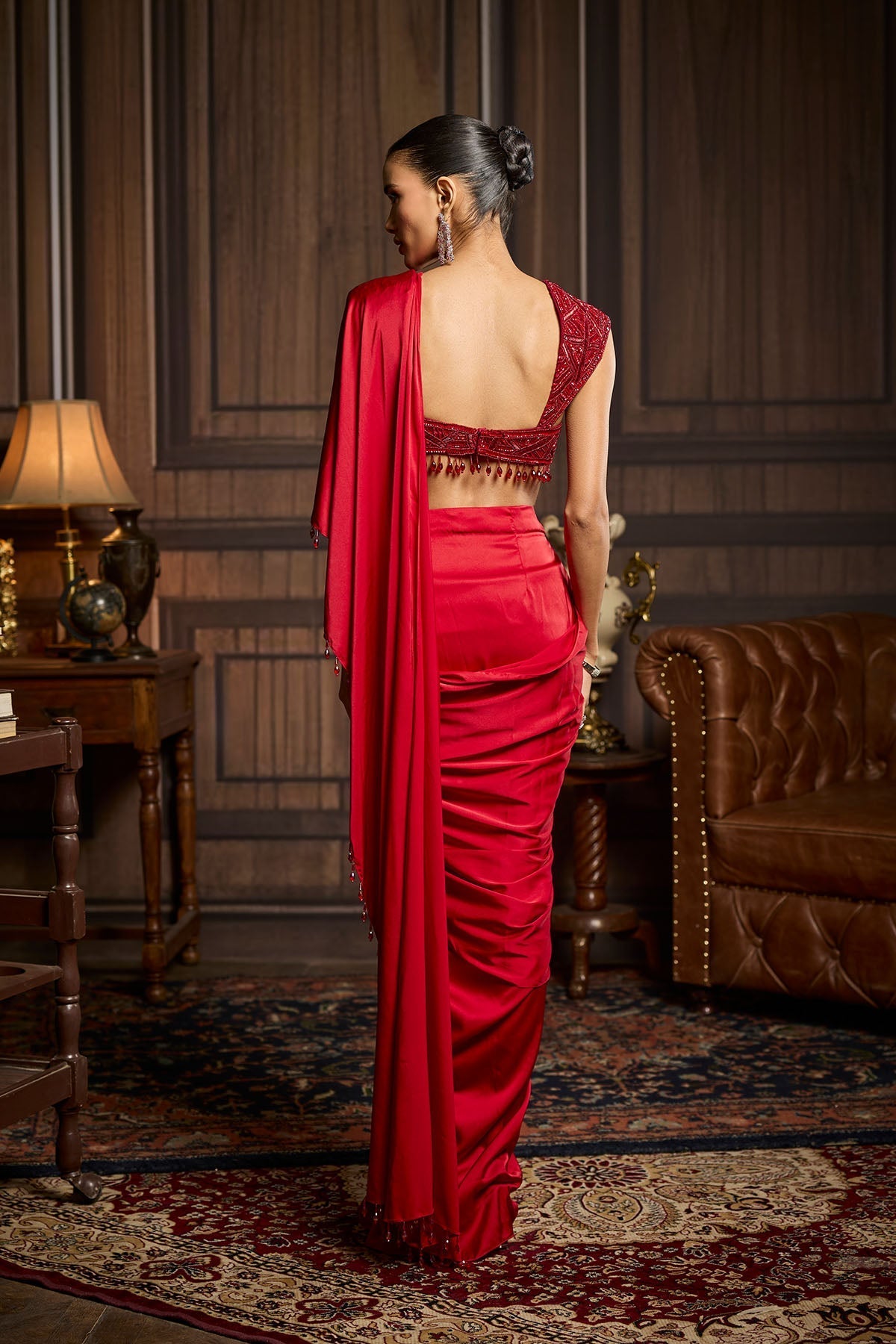 Red Embellished Blouse And Pre-Draped Dhoti Saree Set