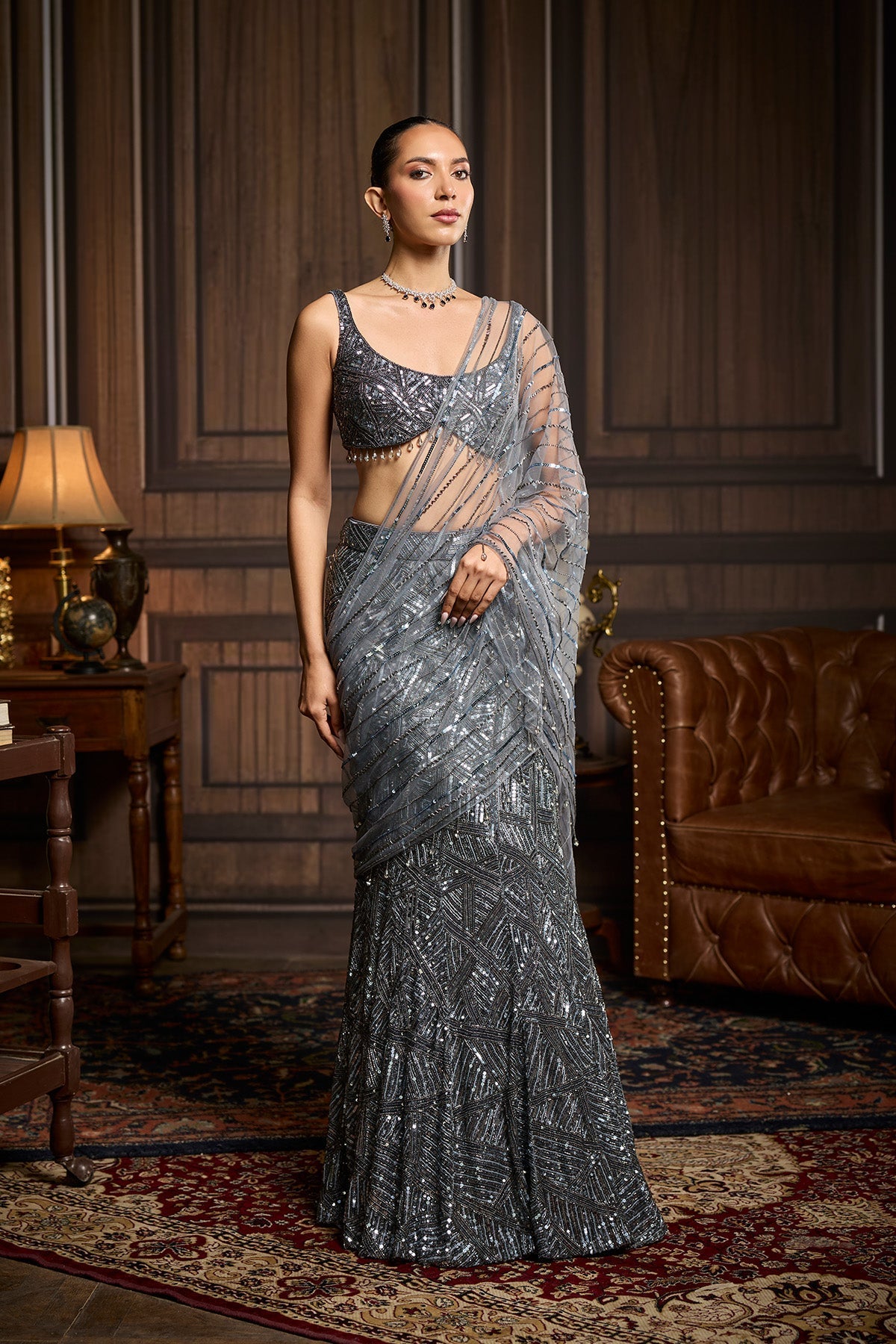 Gunmetal Embellished Pre-Draped Skirt Saree Set