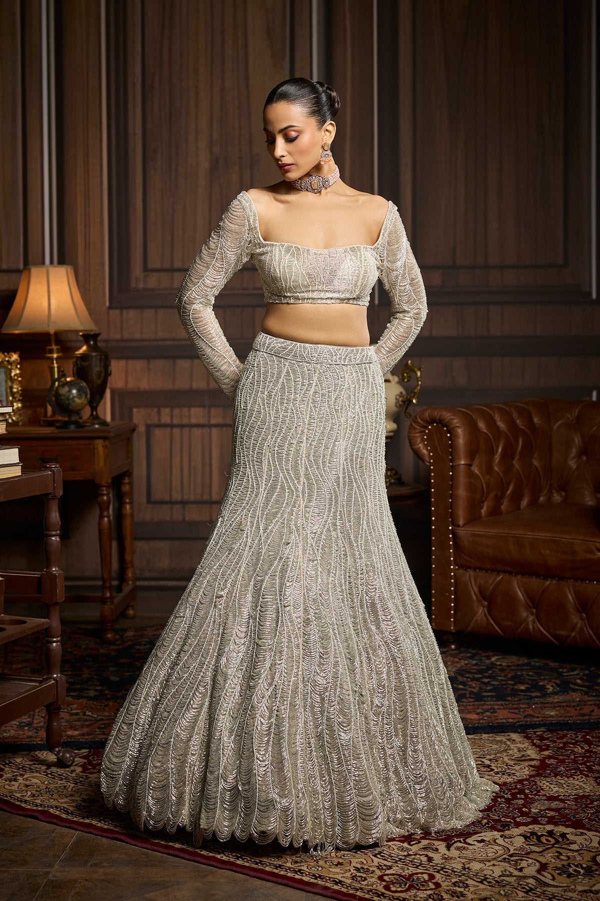 Silver Fully Embellished Mermaid Skirt Set