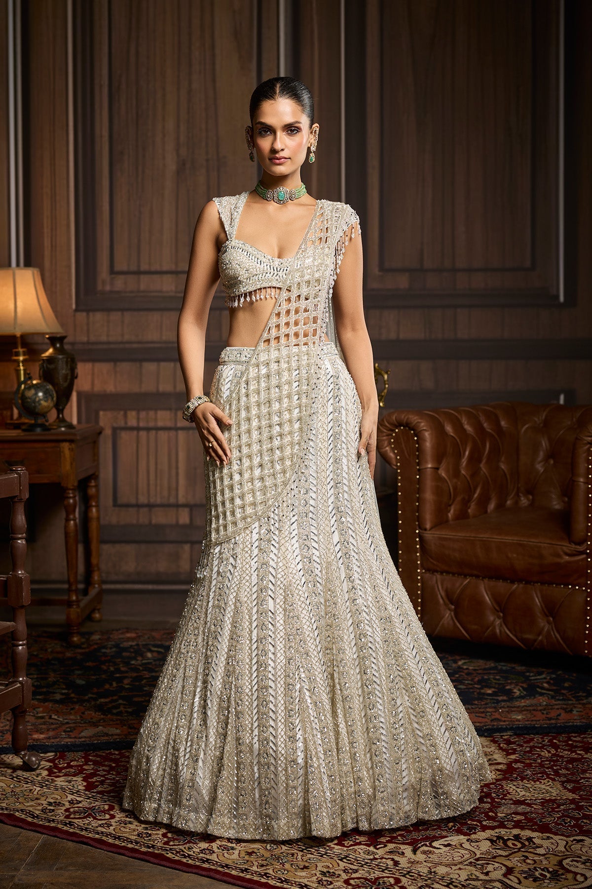 Richa Begani In Silver Embellished Mermaid Skirt Saree Set