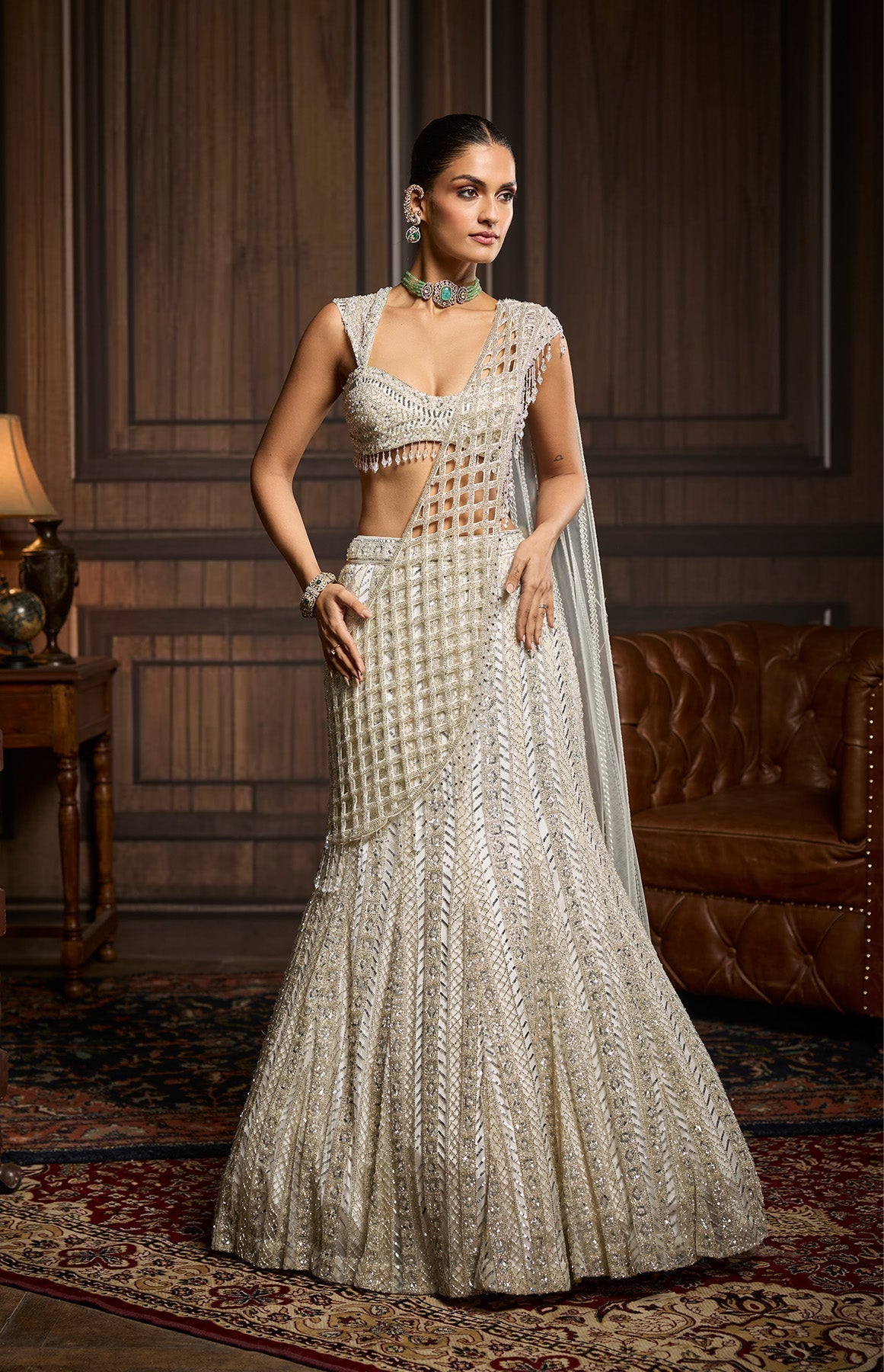 Richa Begani In Silver Embellished Mermaid Skirt Saree Set