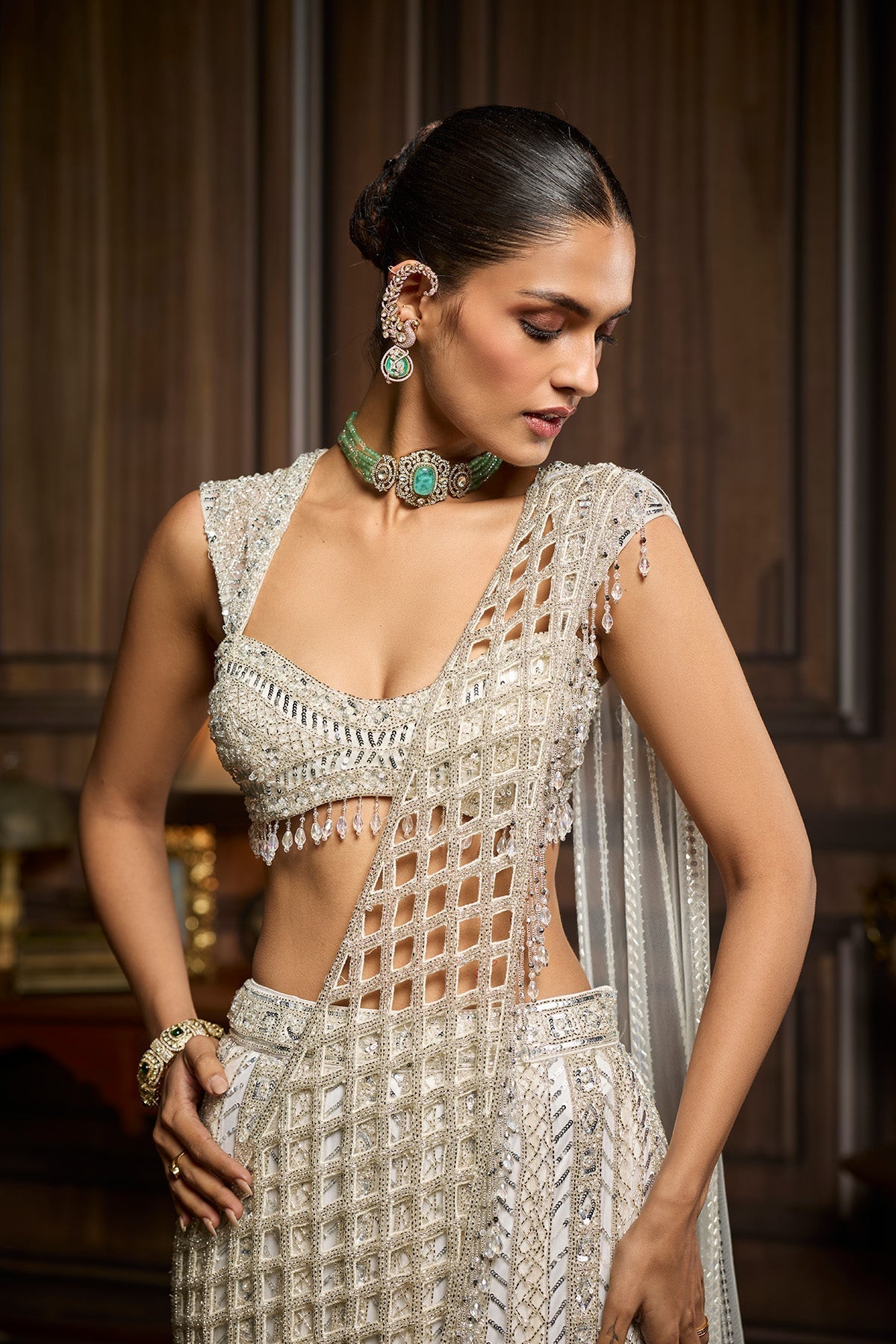 Richa Begani In Silver Embellished Mermaid Skirt Saree Set