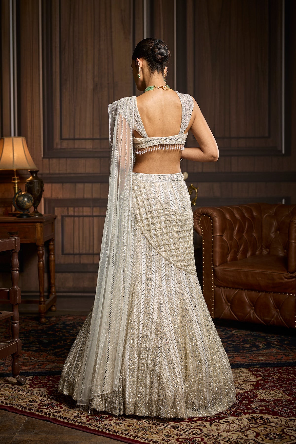Silver Embellished Mermaid Skirt Saree Set