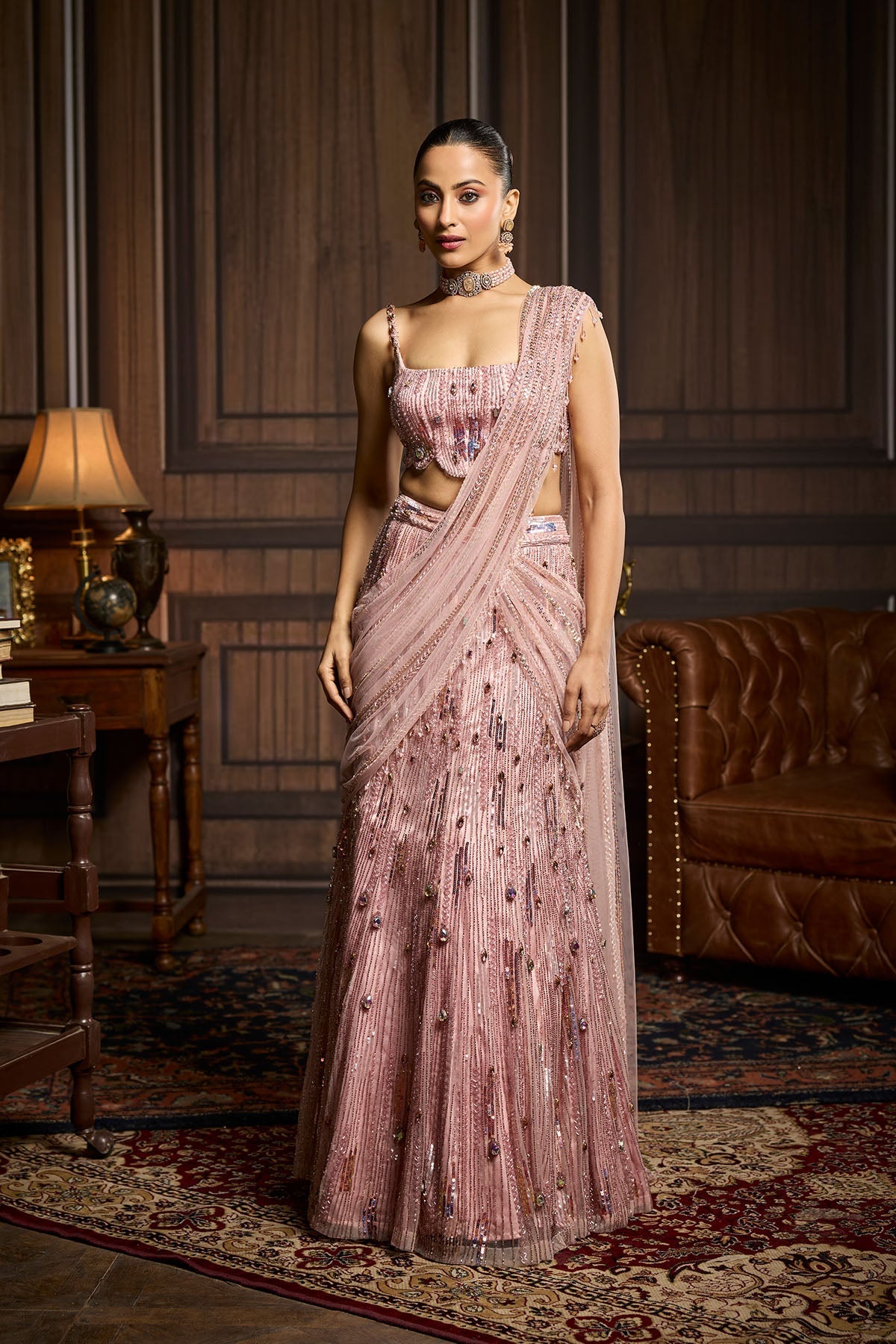 Blush Pink Embellished Pre-Draped Skirt Saree Set