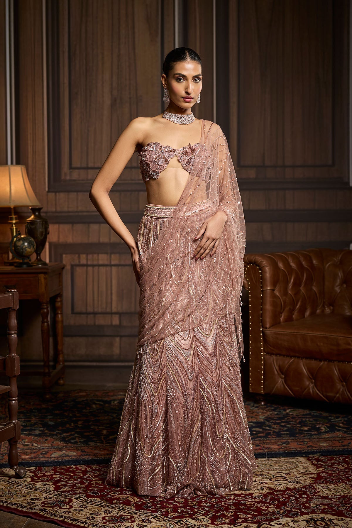 Blush Pink Embellished Pre-Draped Skirt Saree Set