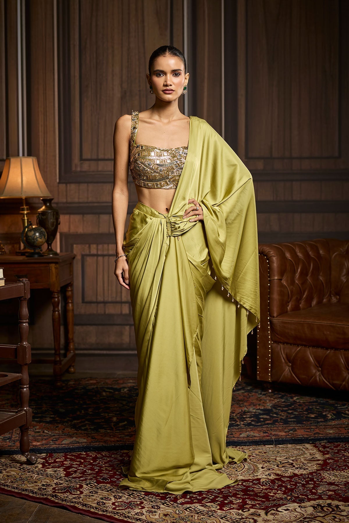Pear Green Embroidered Blouse And Pre Draped Saree Set