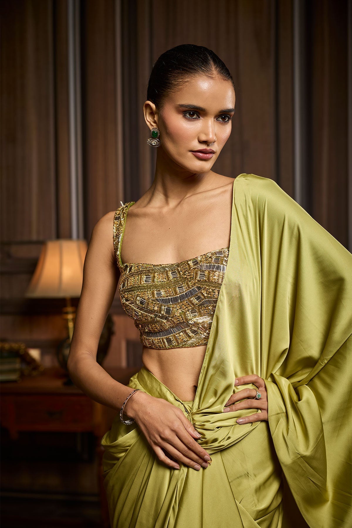 Pear Green Embroidered Blouse And Pre Draped Saree Set