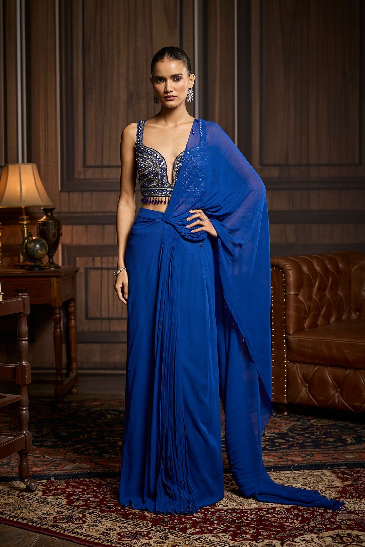 Electric Blue Embellished Blouse And Pre-Draped Dhoti Saree Set