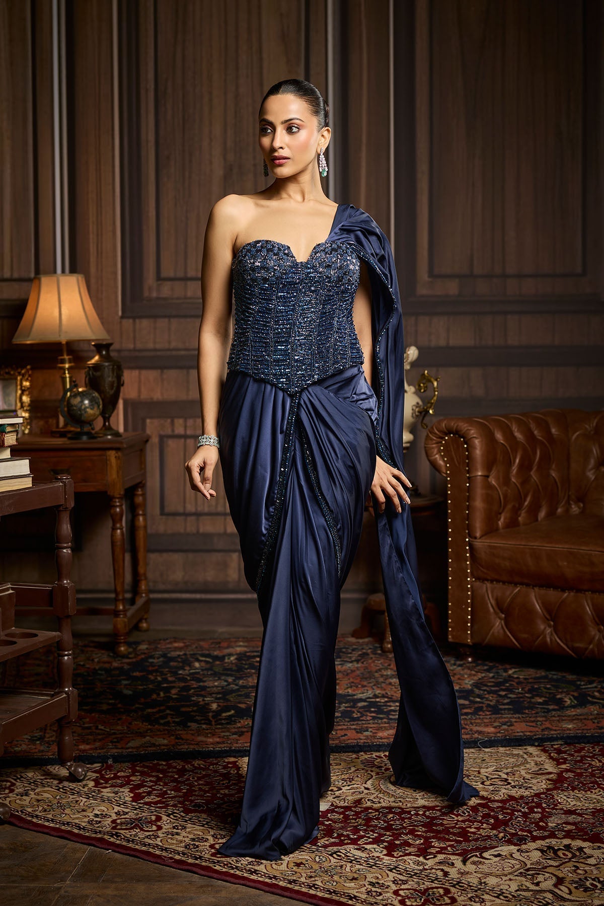 Midnight Blue Embellished Corset And Solid Draped Dhoti Saree Set