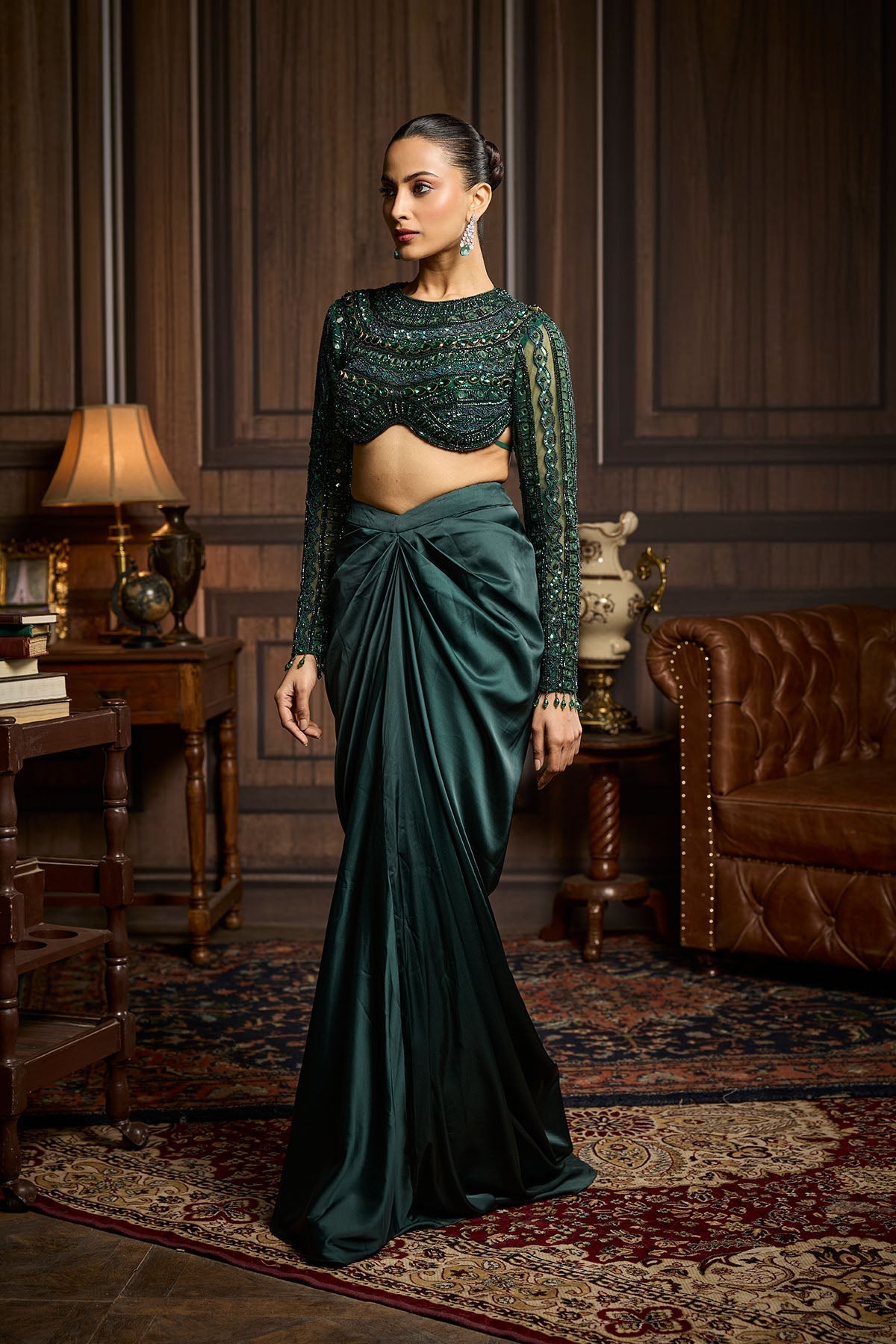 Emerald Green Embroidered Blouse And Draped Skirt Set