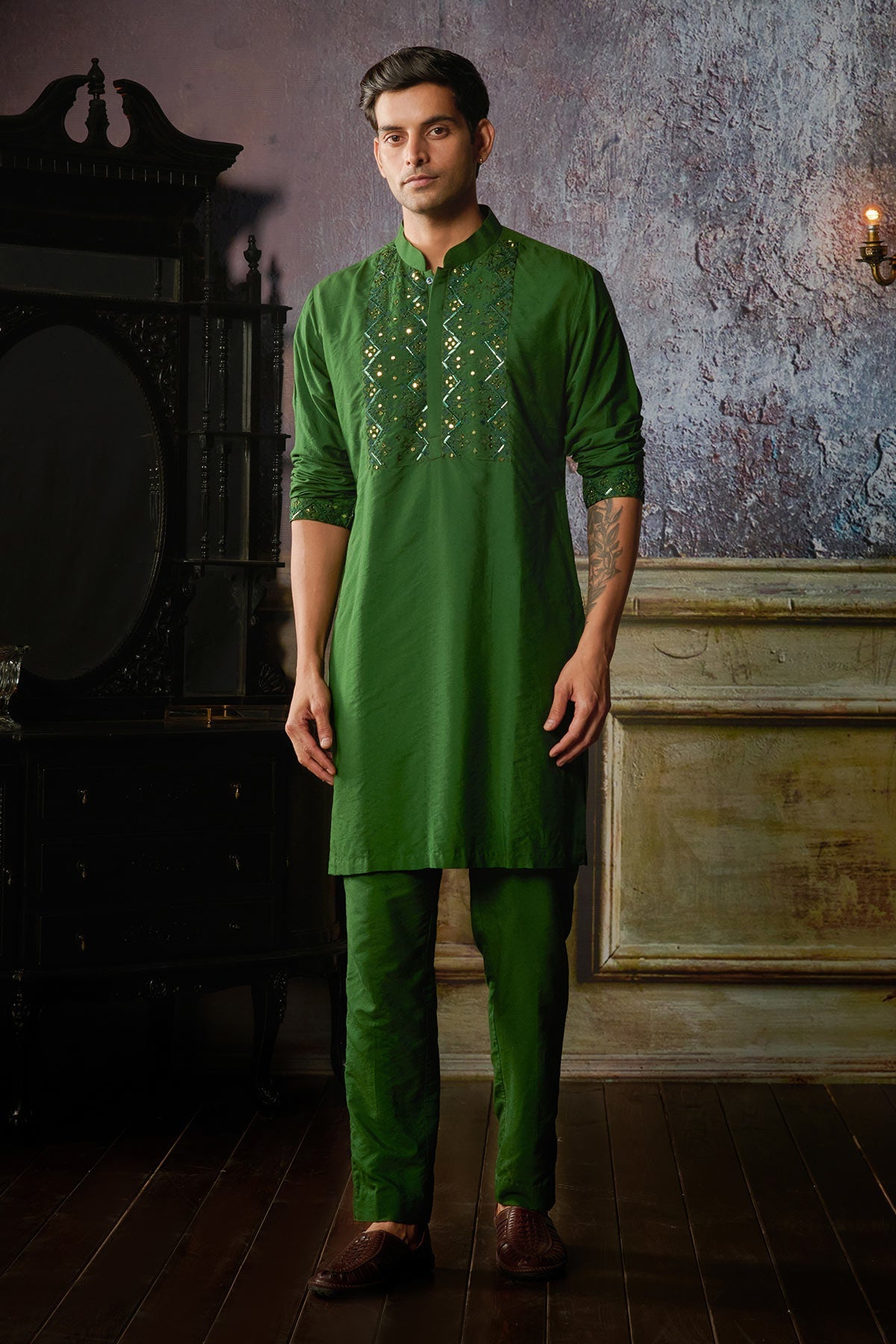 OLIVE GREEN YOKE EMBROIDERED KURTA WITH OLIVE GREEN PANTS