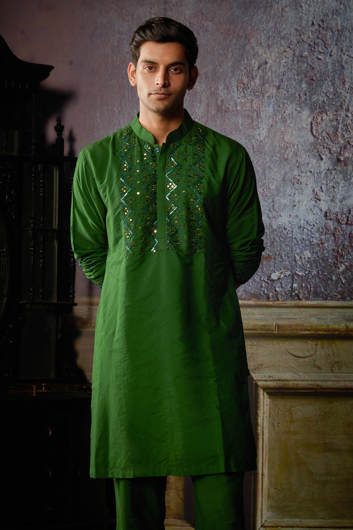 OLIVE GREEN YOKE EMBROIDERED KURTA WITH OLIVE GREEN PANTS