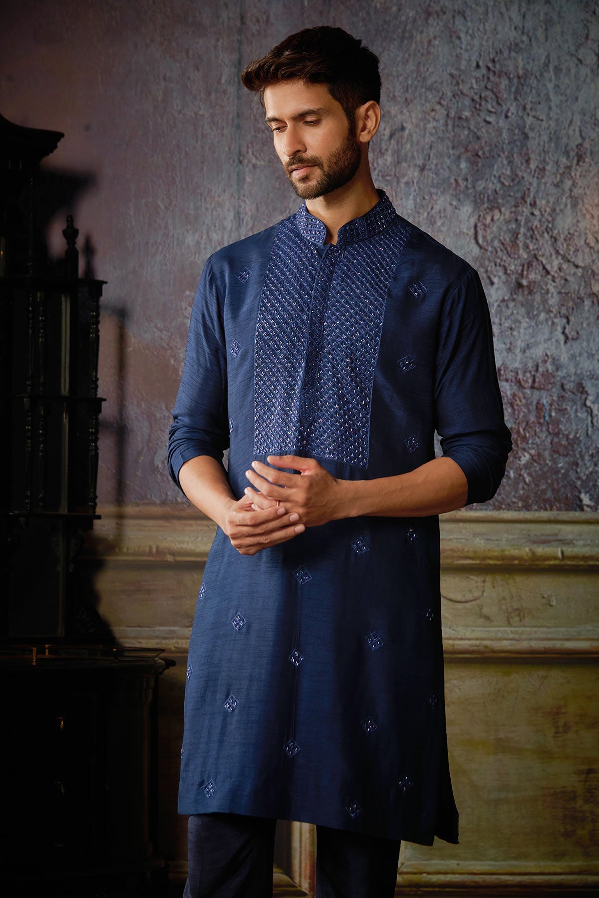 DARK BLUE YOKE & BUTTA EMBROIDERED KURTA WITH DARK BLUE PANTS