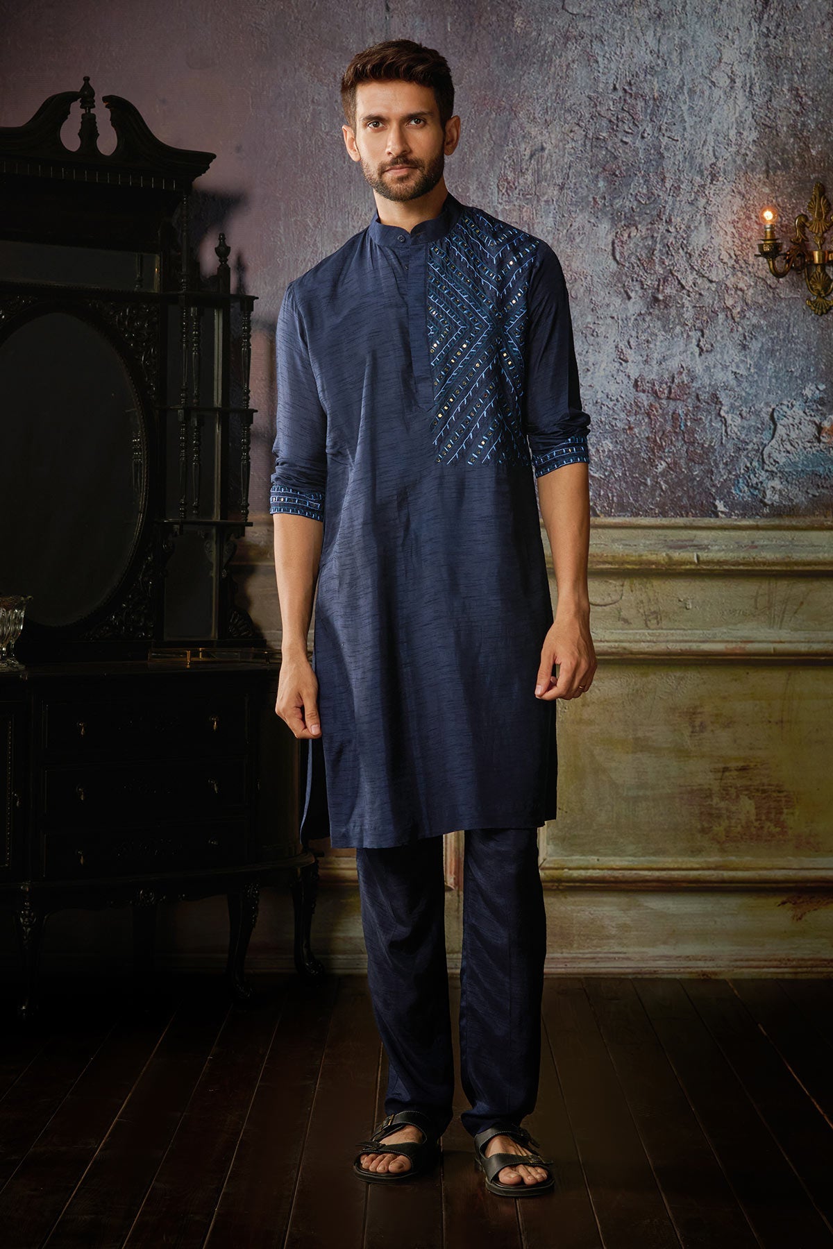 DARK BLUE THREAD & MIRROR EMBROIDERED KURTA WITH DARK BLUE PANTS