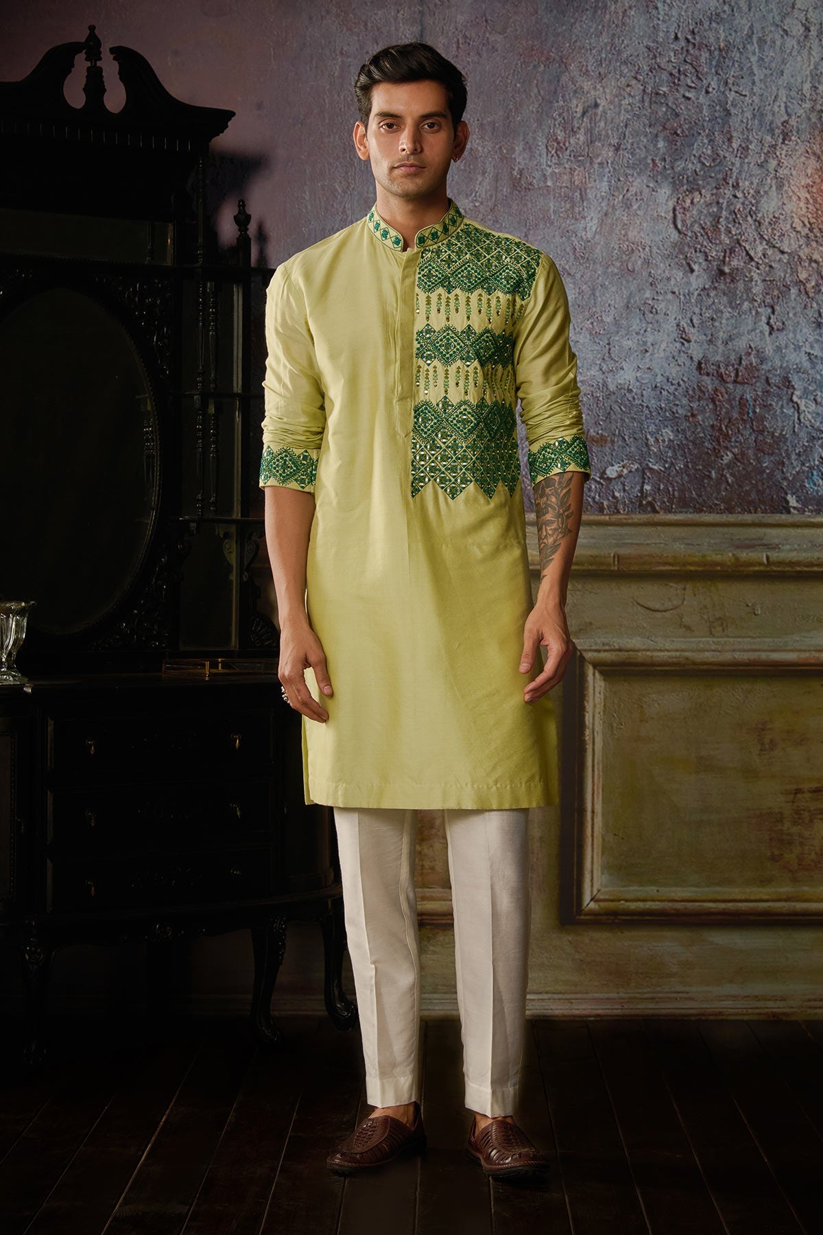 MINT GREEN WITH DARK GREEN GEOMETRIC EMBROIDERED KURTA WITH IVORY PANTS