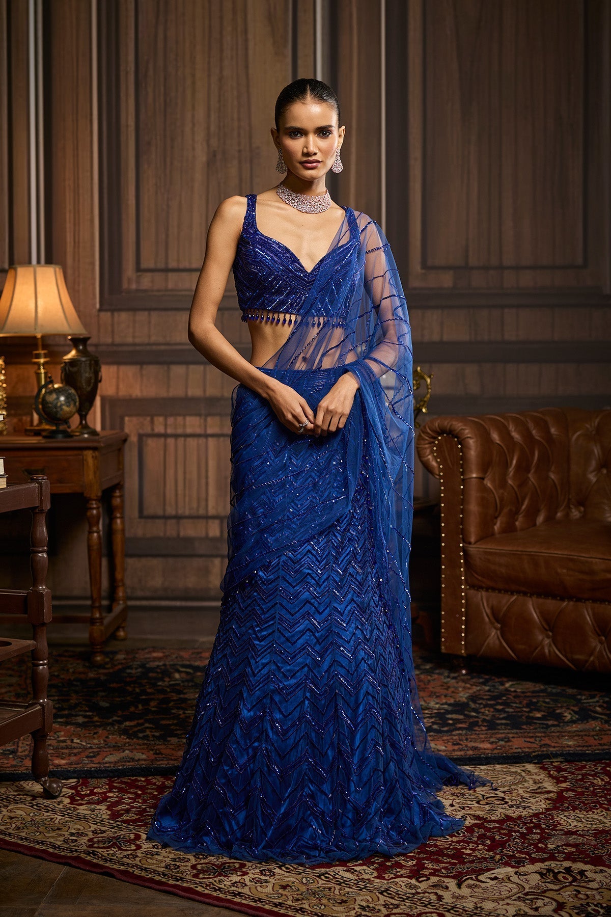 Electric Blue Embellished Pre-Draped Skirt Saree Set