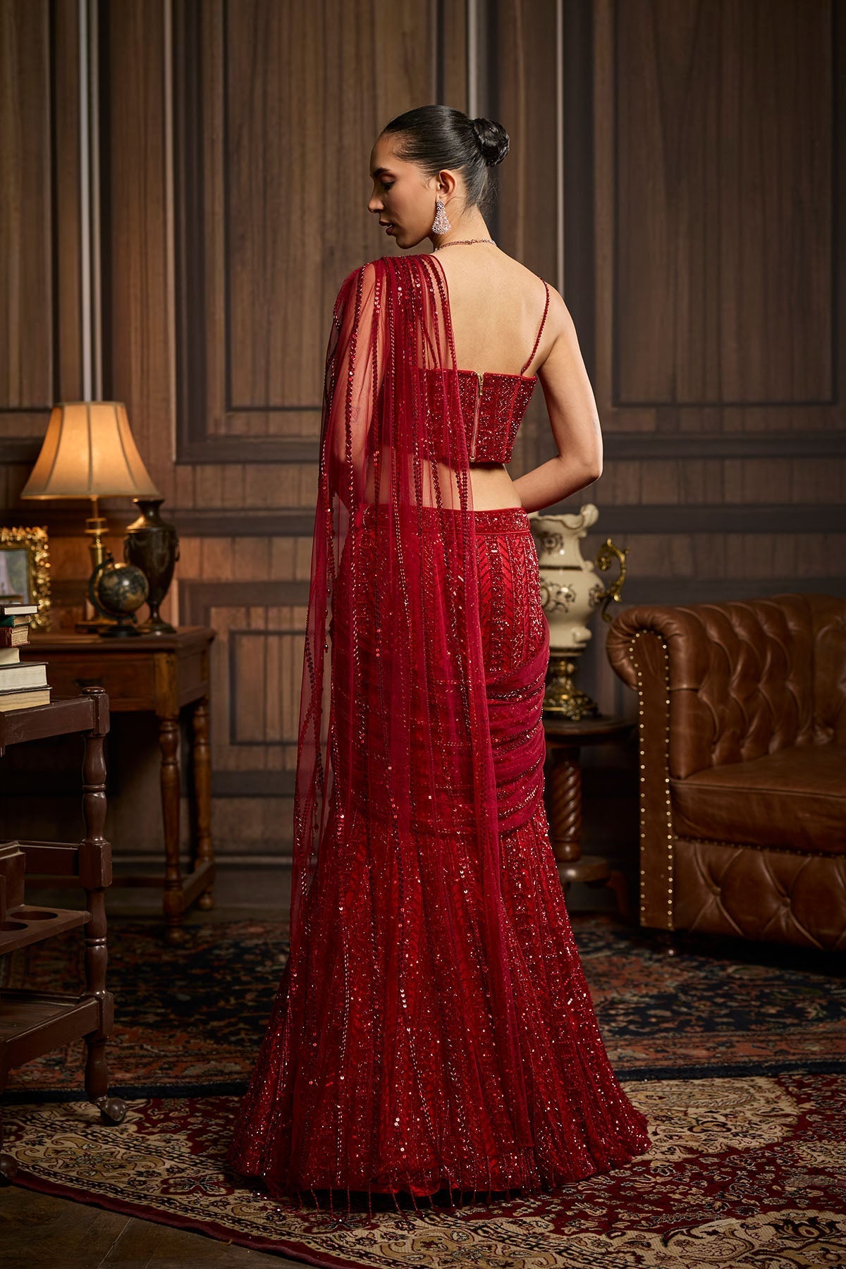 Vermillion Red Embellished Pre-Draped Skirt Saree Set