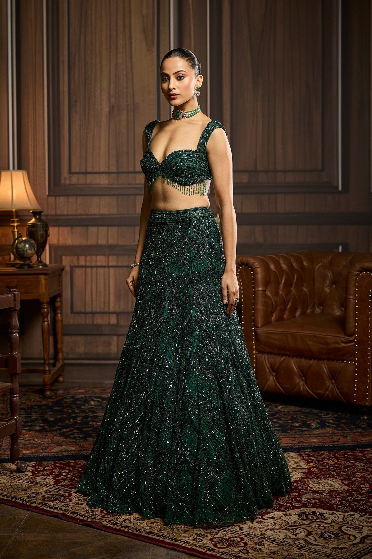 Emerald Green Embellished  Mermaid Skirt Set