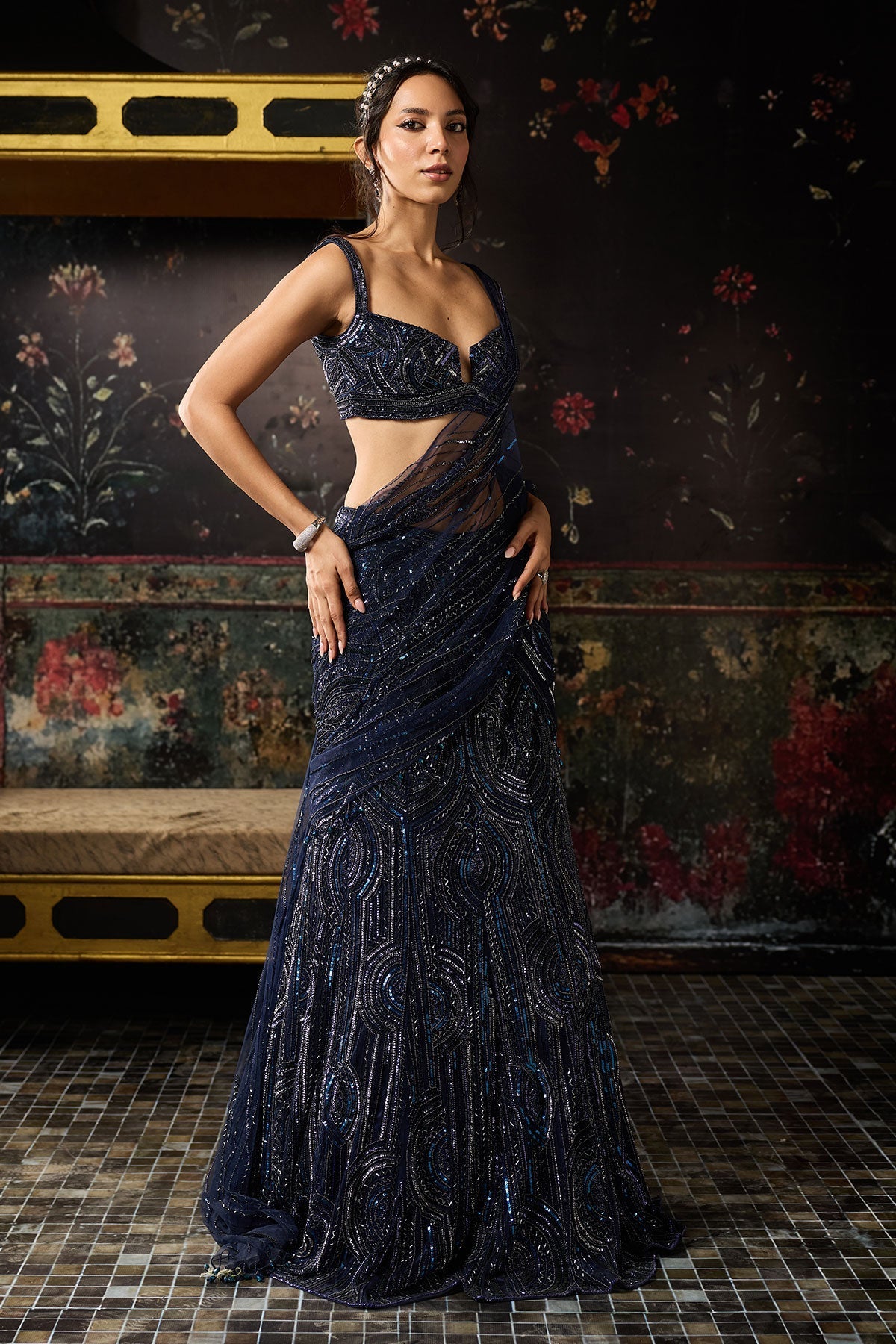 Midnight Blue Embellished Mermaid Skirt Saree Set - Ready To Ship