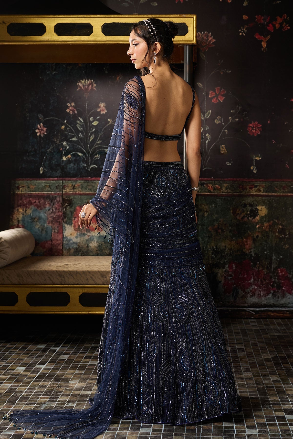 Midnight Blue Embellished Mermaid Skirt Saree Set - Ready To Ship