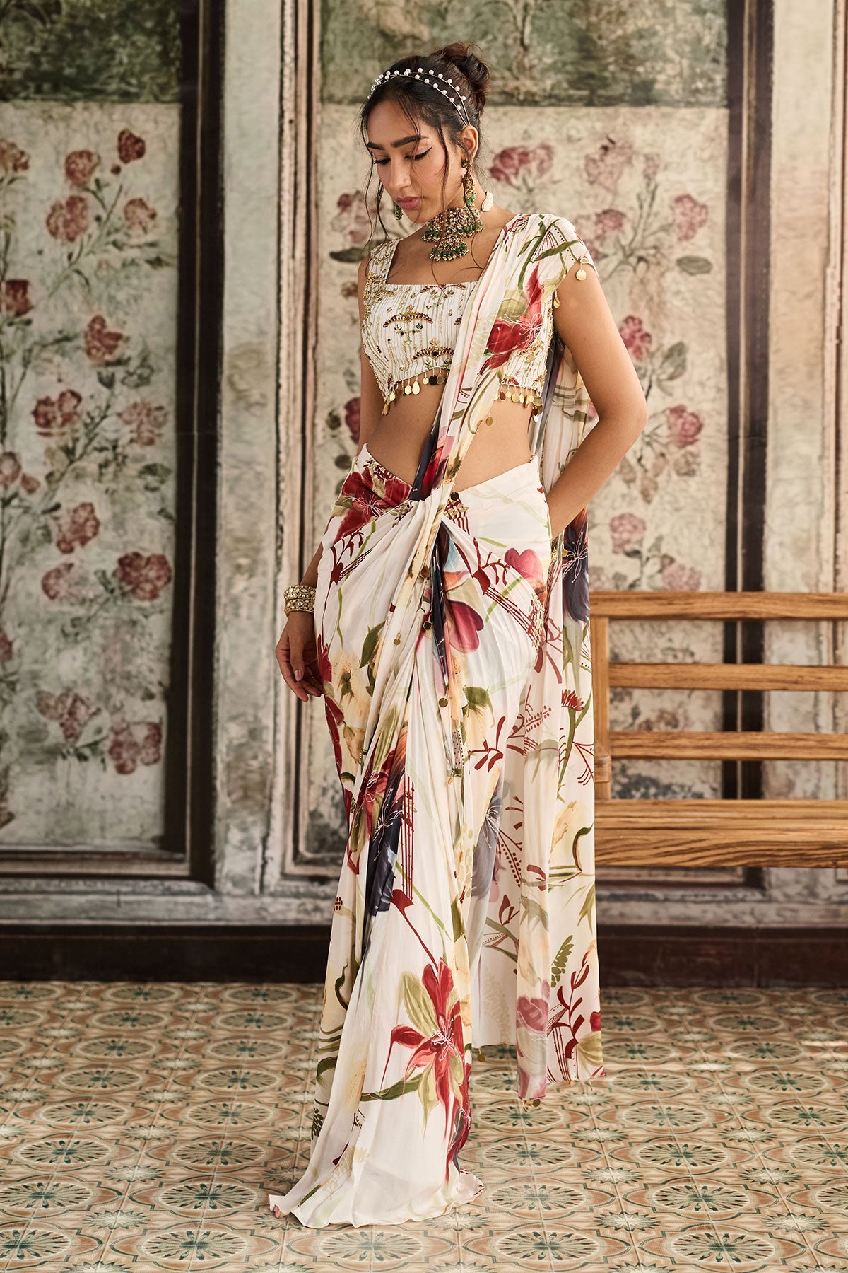 Ivory Floral Printed Skirt Saree Set