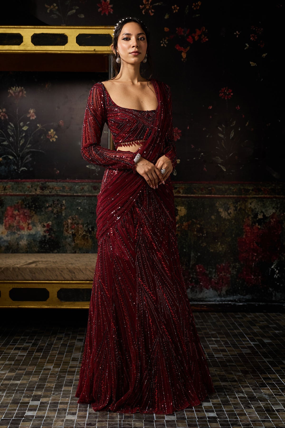 Maroon Embellished Mermaid Skirt Saree Set - Ready To Ship