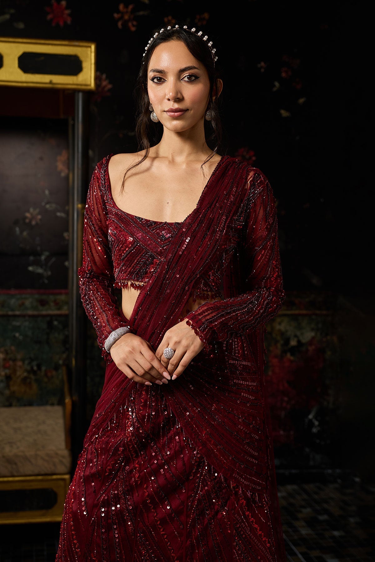 Maroon Embellished Mermaid Skirt Saree Set - Ready To Ship