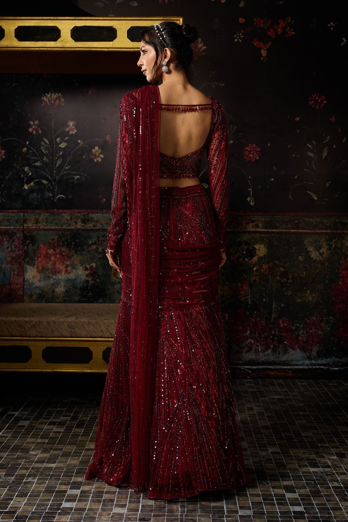 Maroon Embellished Mermaid Skirt Saree Set - Ready To Ship