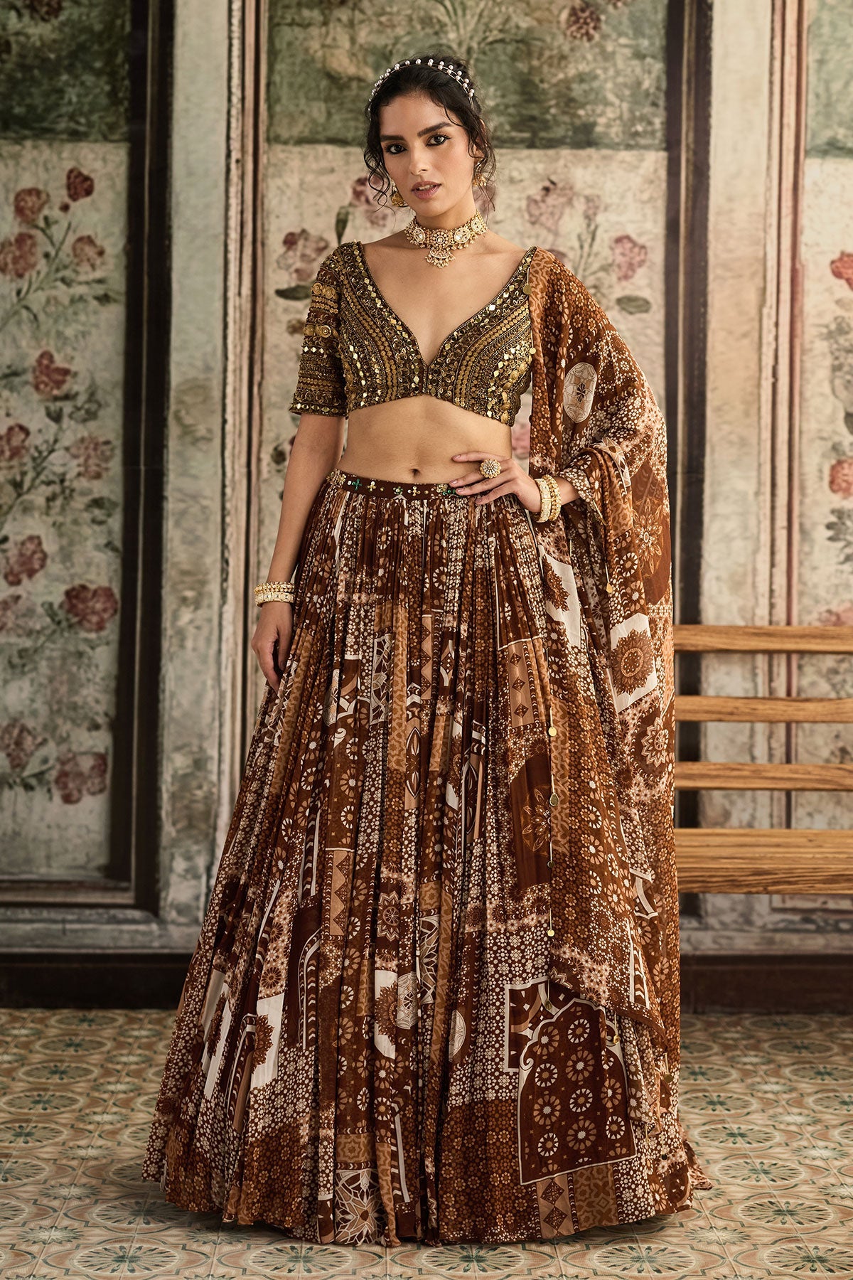 Caramel Metallic Embroidered Blouse  And  Caramel Printed Lehenga Set