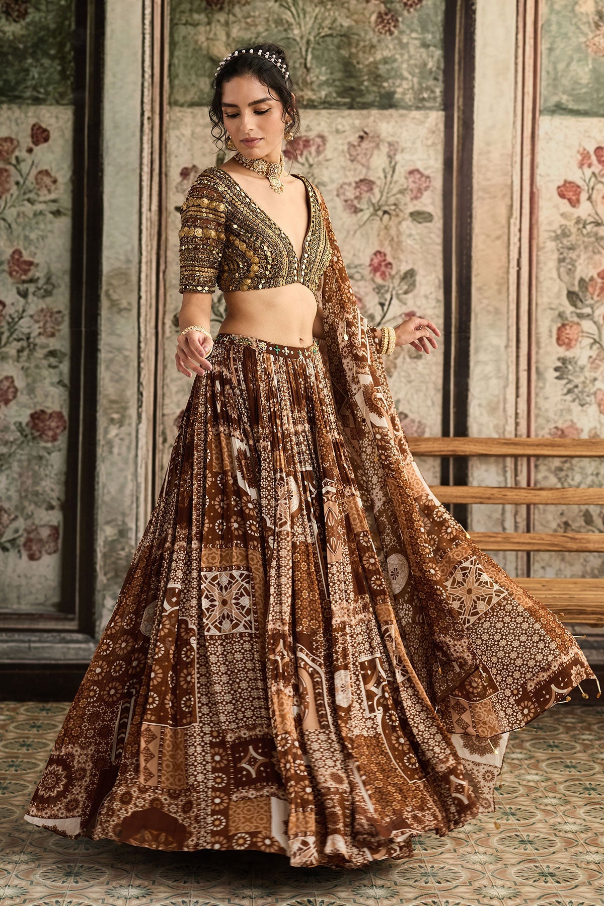 Caramel Metallic Embroidered Blouse  And  Caramel Printed Lehenga Set