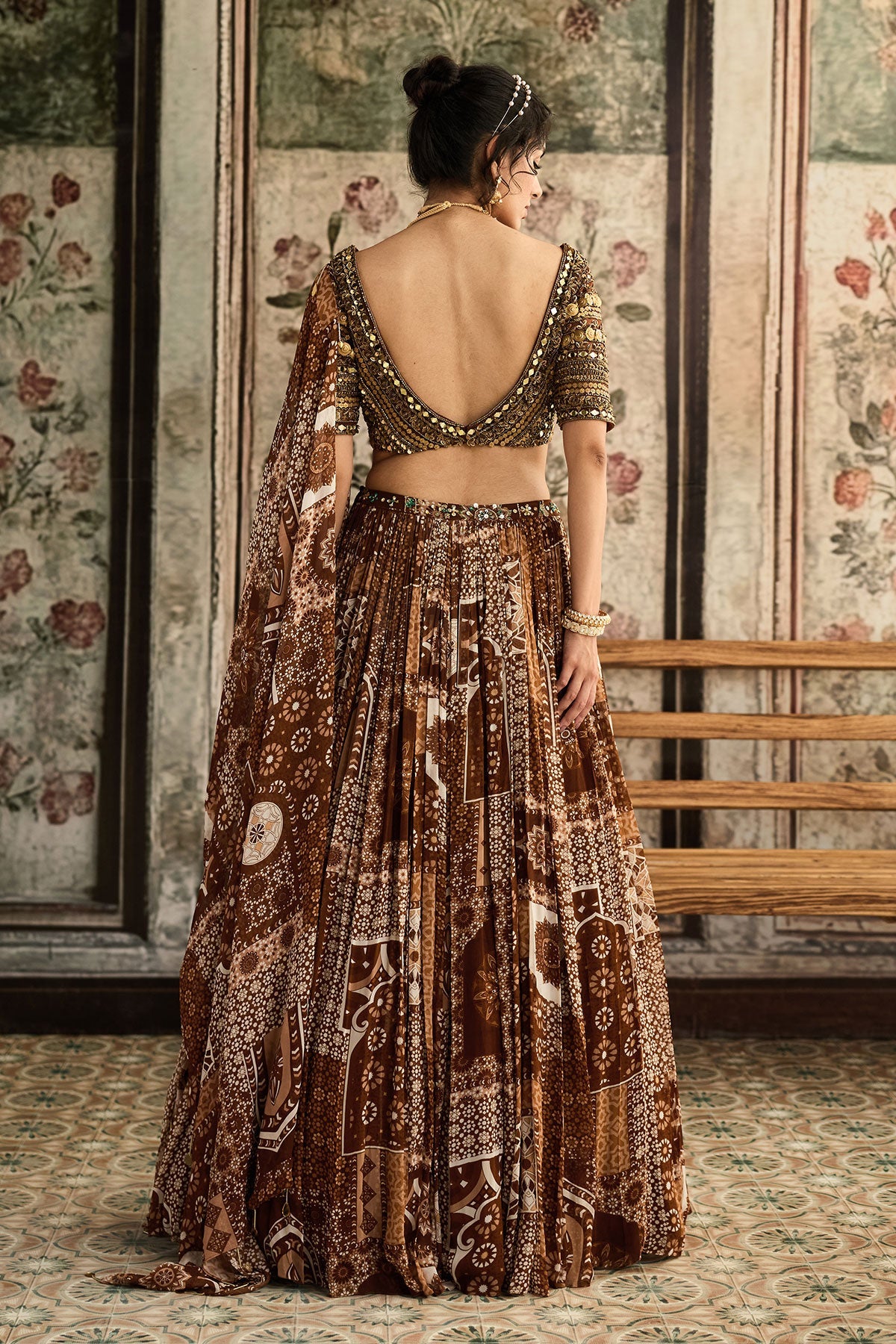 Caramel Metallic Embroidered Blouse  And  Caramel Printed Lehenga Set