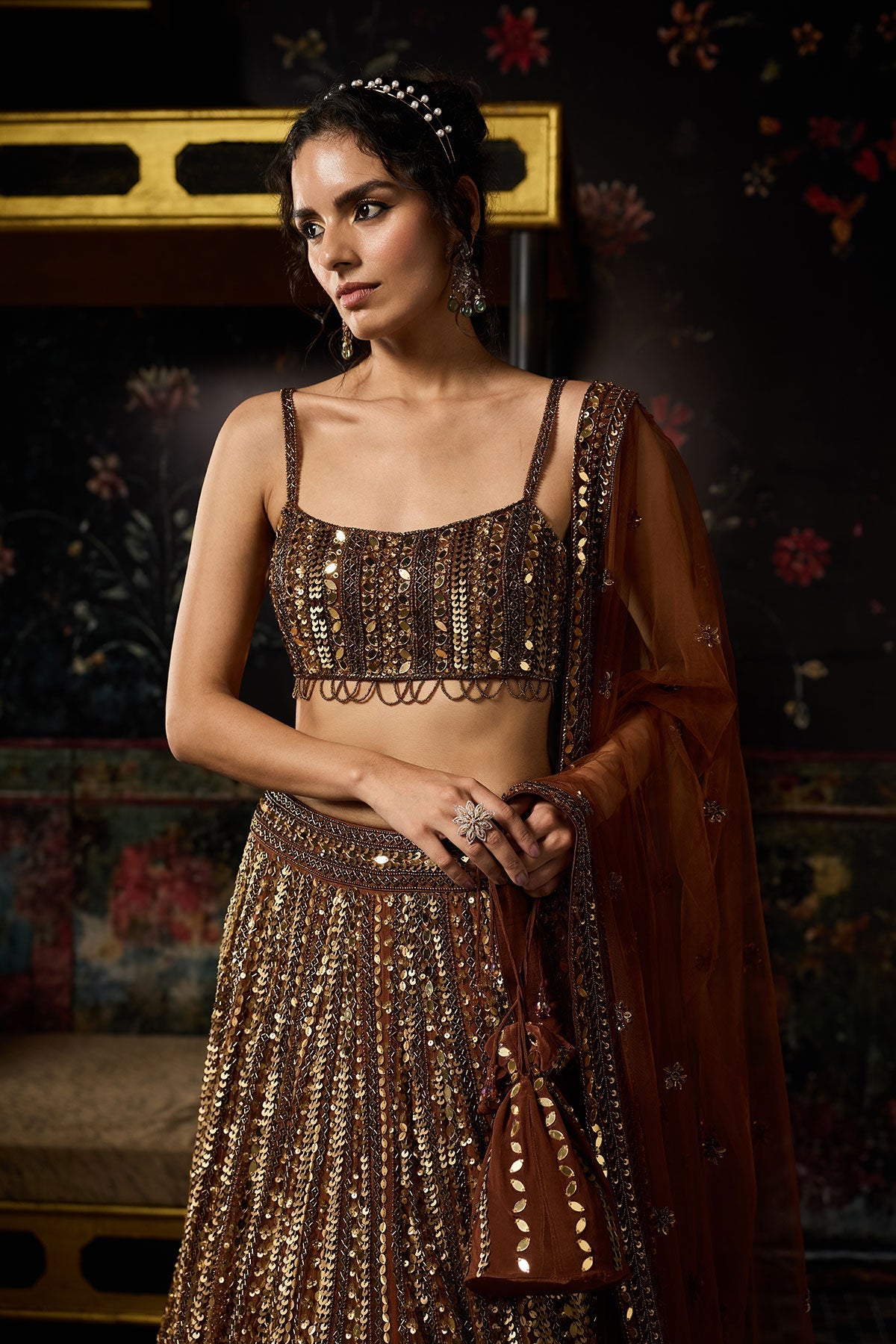 Metallic Gold Embellished Mirrorwork Lehenga Set - Ready To Ship