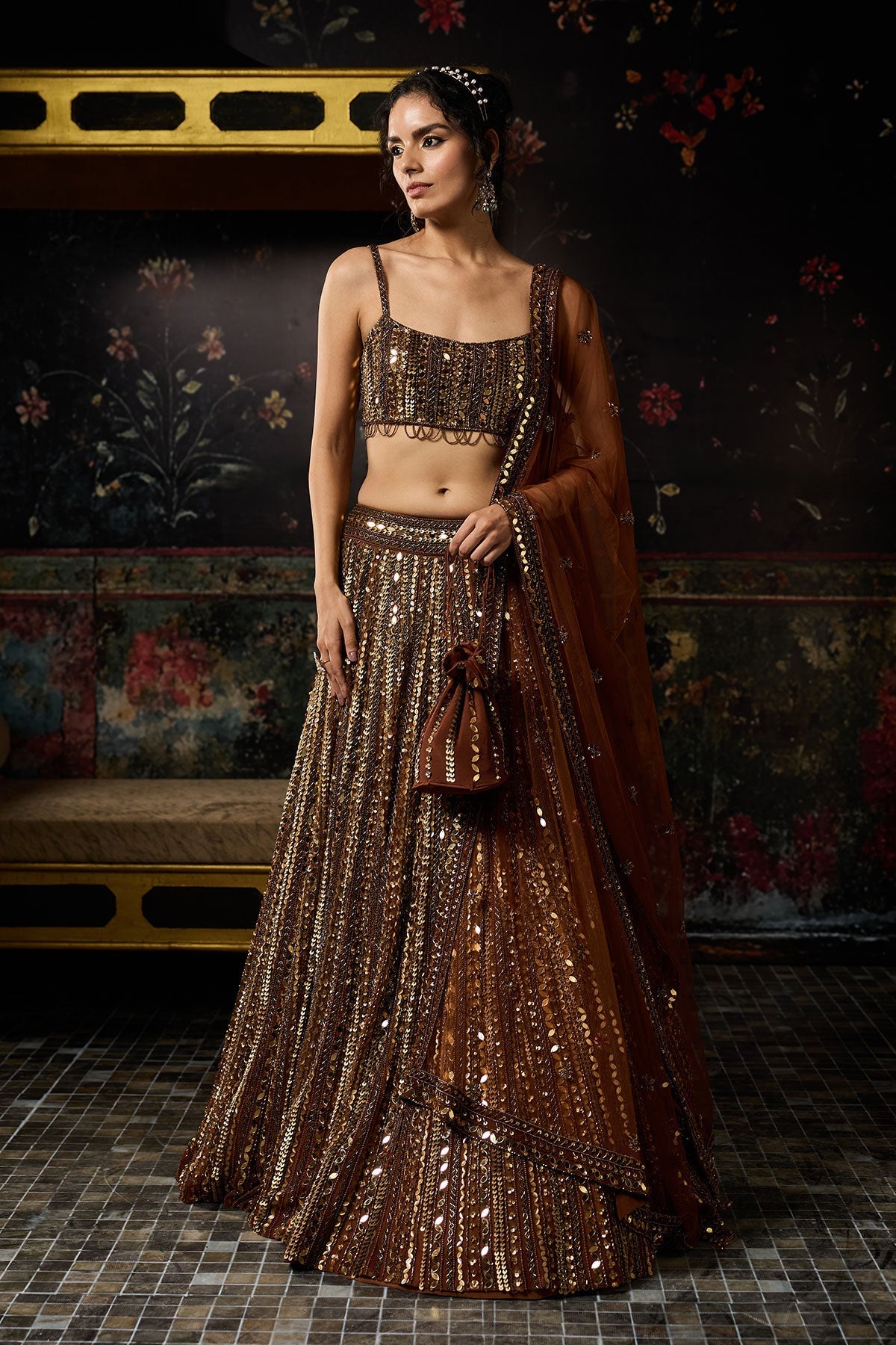 Metallic Gold Embellished Mirrorwork Lehenga Set - Ready To Ship